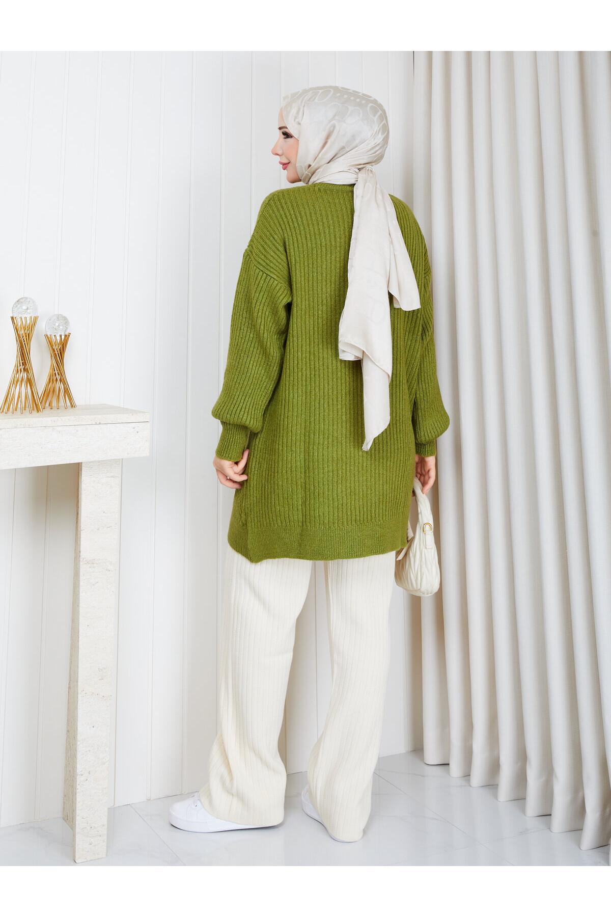 0904 Oversize Bisiklet Yaka Uzun Triko Kazak-Yağ yeşili