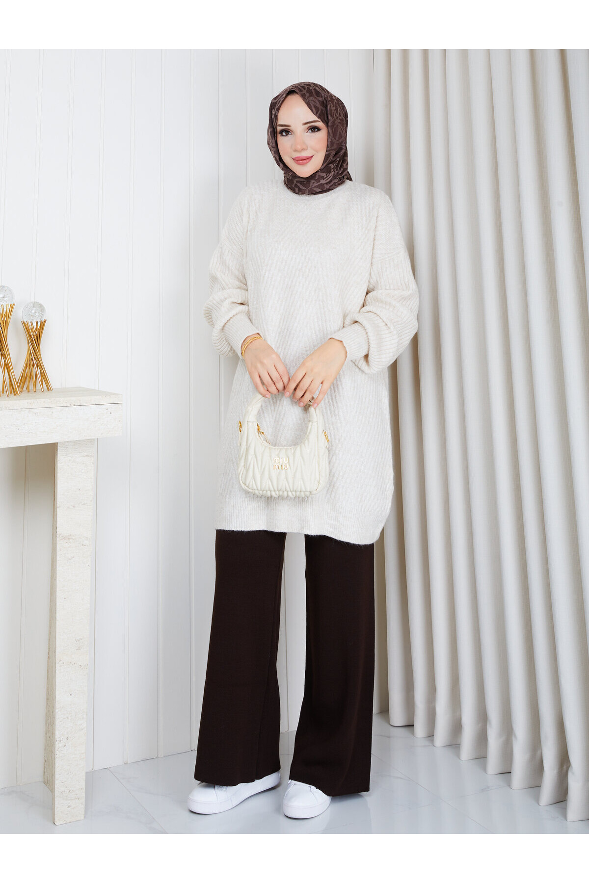 0905 Oversize Bisiklet Yaka Uzun Triko Kazak-Krem
