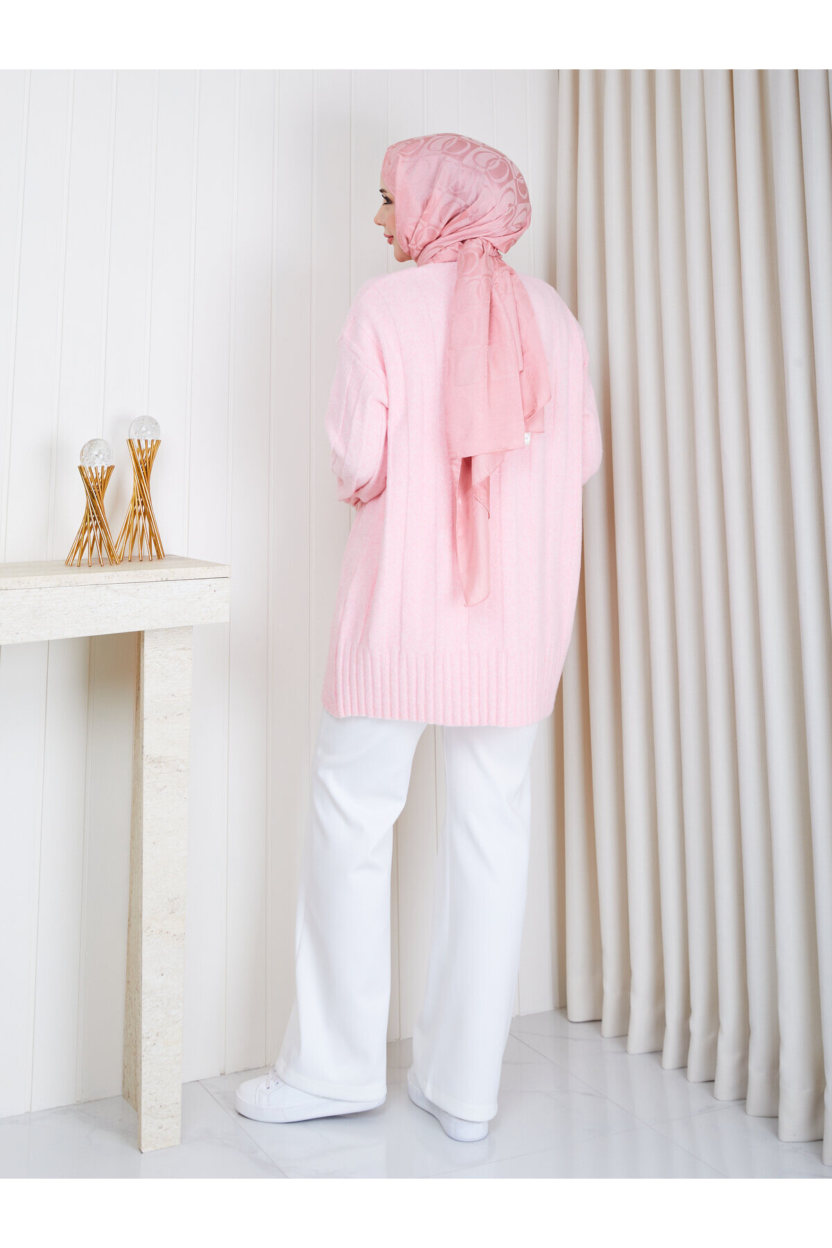 0953 Kalın Fitilli Bisiklet Yaka Triko Tunik –Pembe