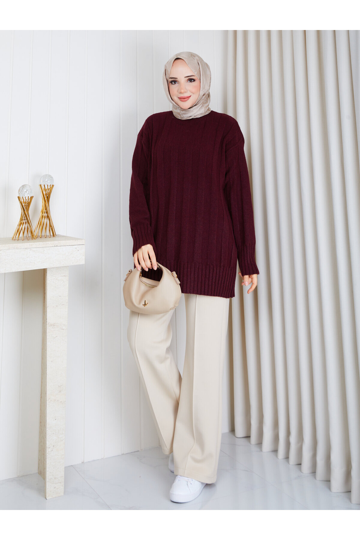 0953 Kalın Fitilli Bisiklet Yaka Triko Tunik -Bordo