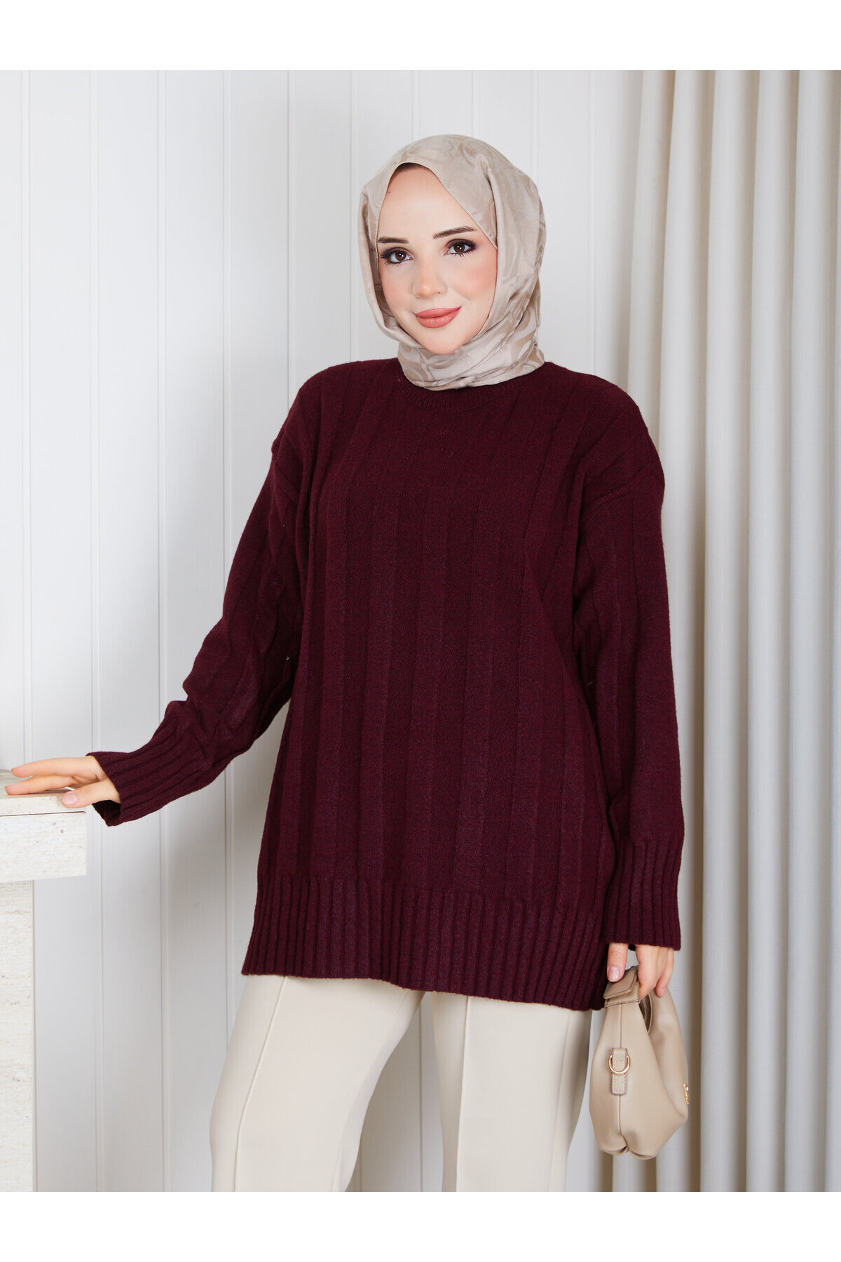 0953 Kalın Fitilli Bisiklet Yaka Triko Tunik -Bordo