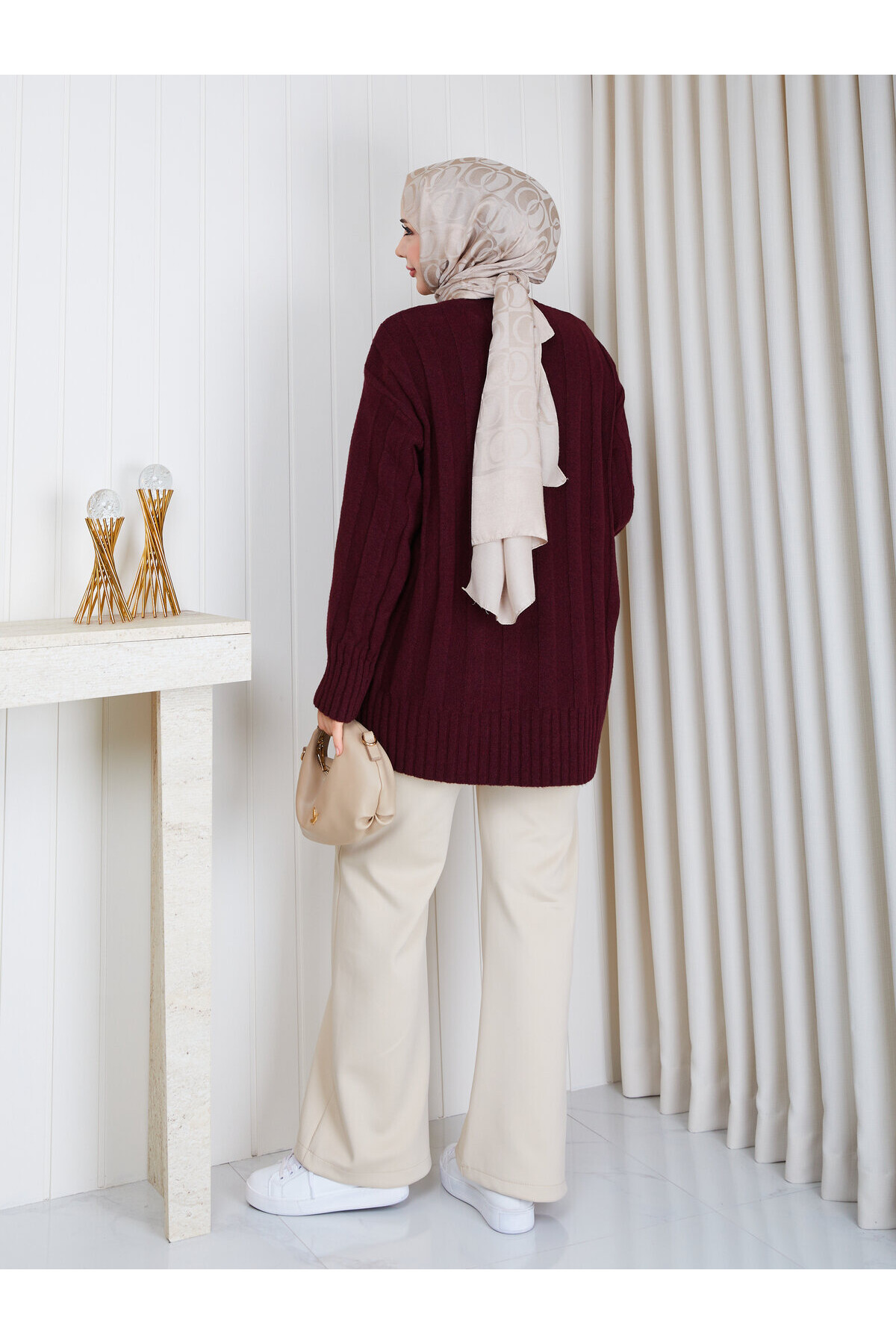 0953 Kalın Fitilli Bisiklet Yaka Triko Tunik -Bordo