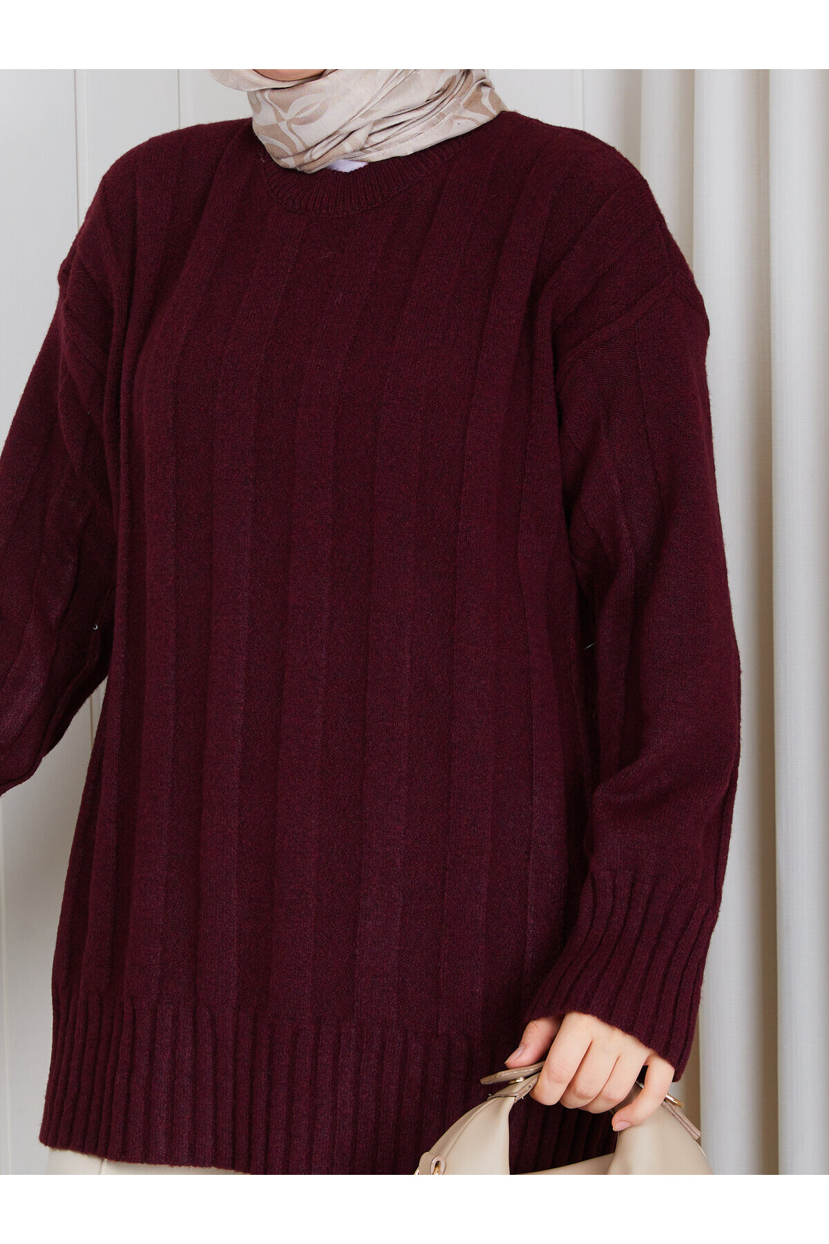 0953 Kalın Fitilli Bisiklet Yaka Triko Tunik -Bordo