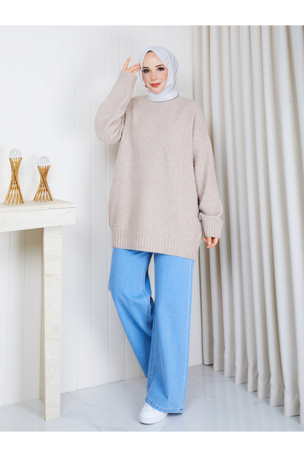 0965 Oversize Salaş Triko Kazak – Krem