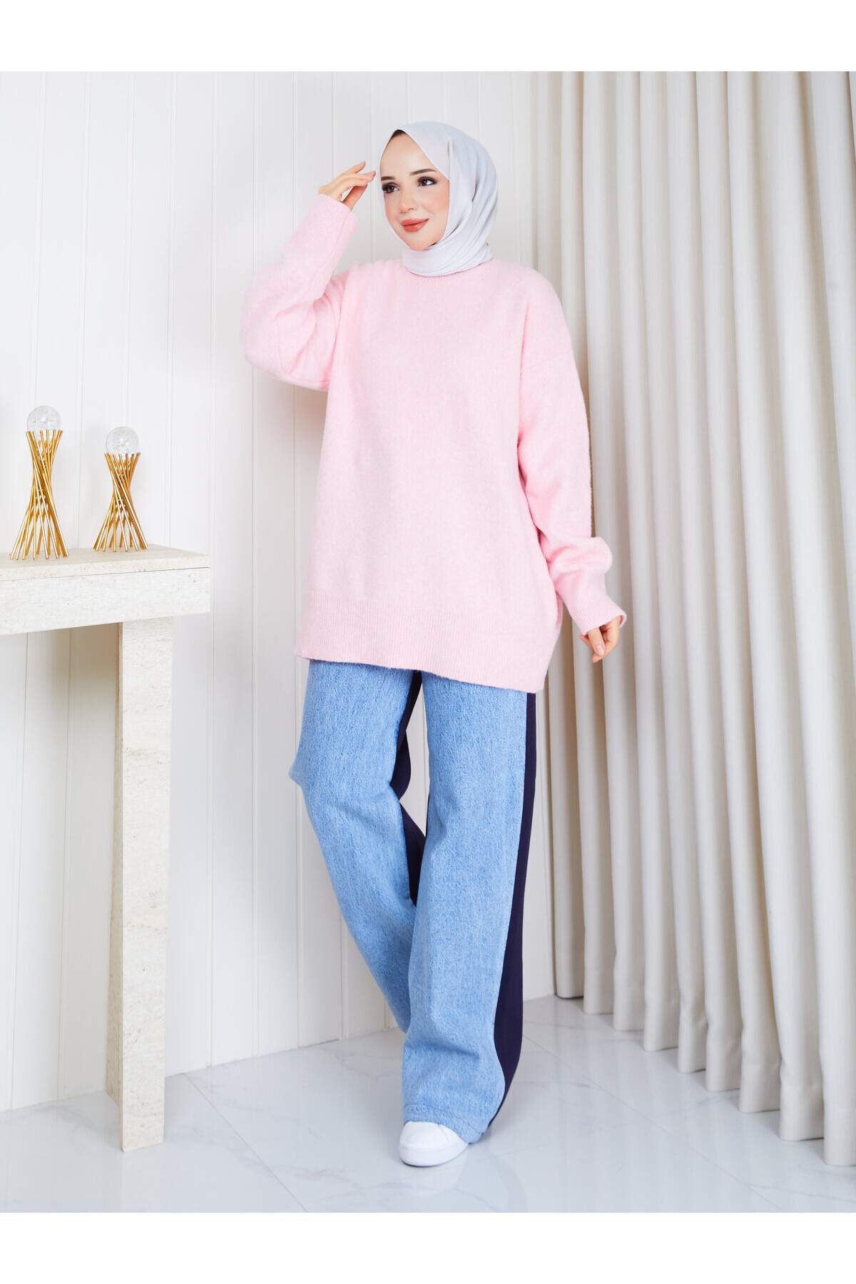 0969 Oversize Salaş Triko Kazak – Pudra Pembe