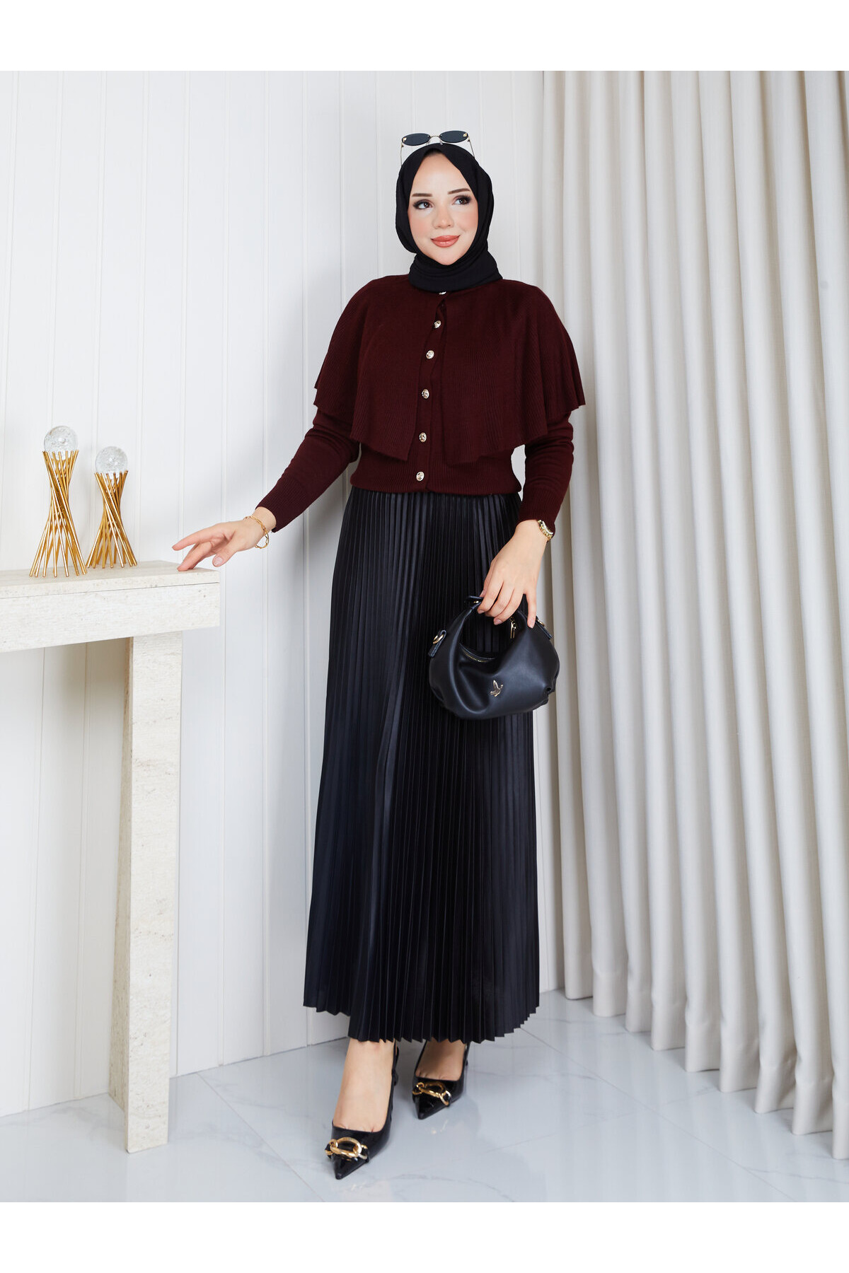 1003-Pelerin Detaylı Kazak-Bordo