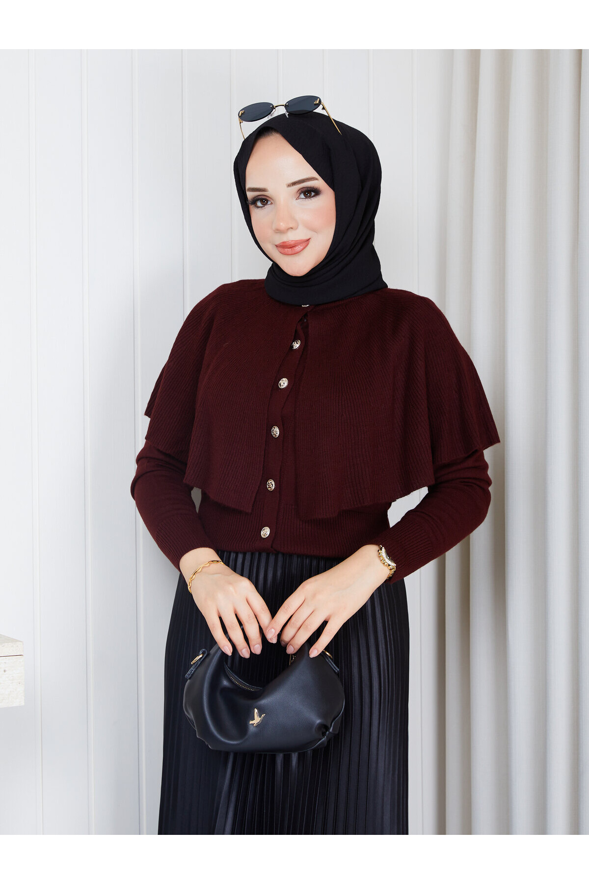 1003-Pelerin Detaylı Kazak-Bordo