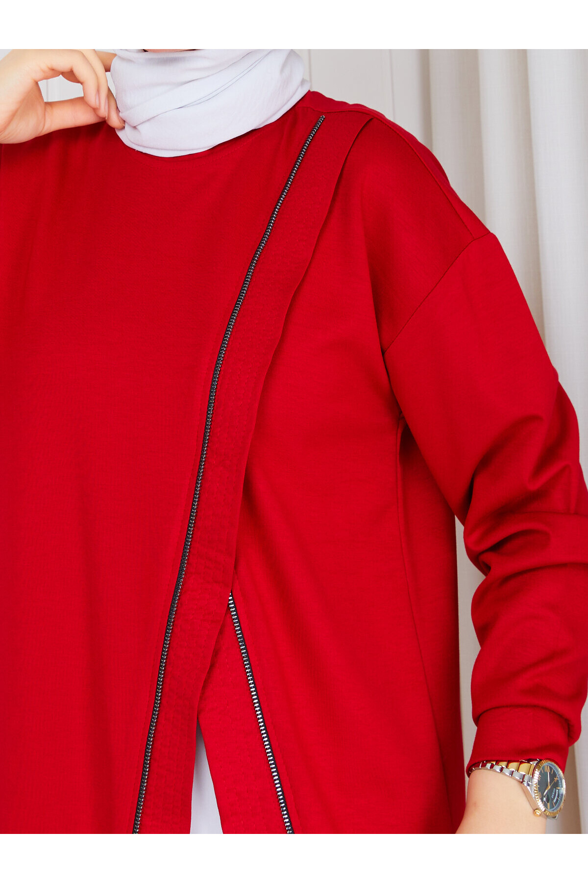 1112 Fermuar Detaylı Oversize Oysho sweat-Kırmızı