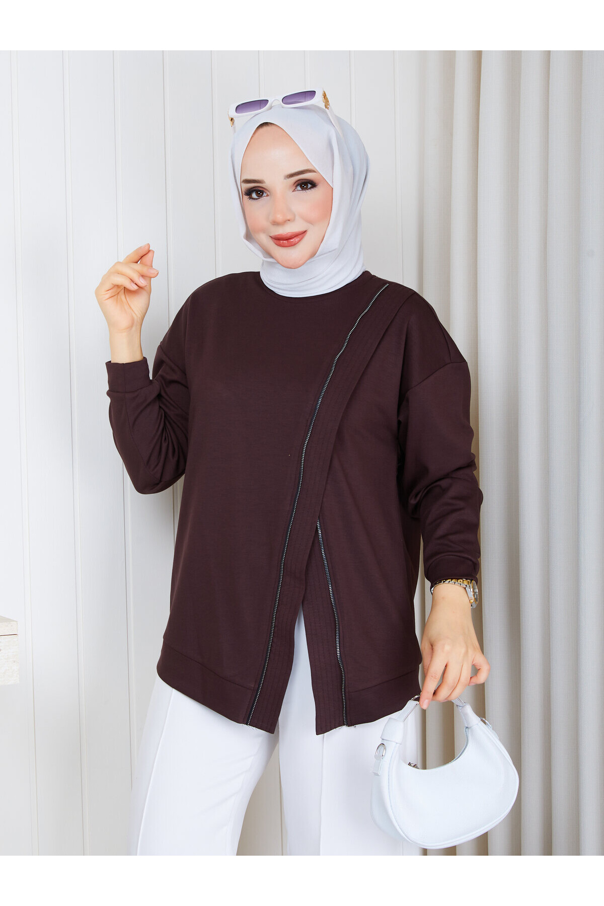 1115 Fermuar Detaylı Oversize Oysho Sweat-Acı kahve