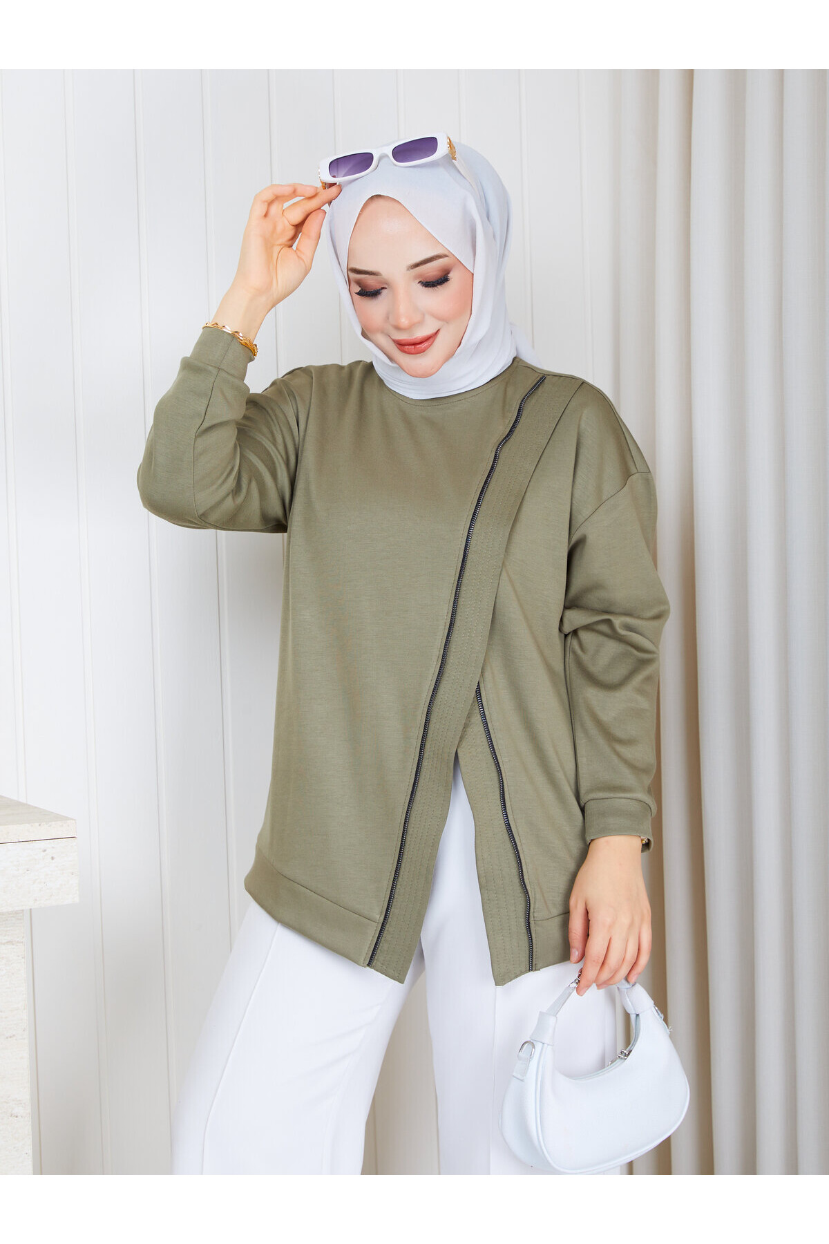 1116 Fermuar Detaylı Oversize Oysho Sweat-Haki