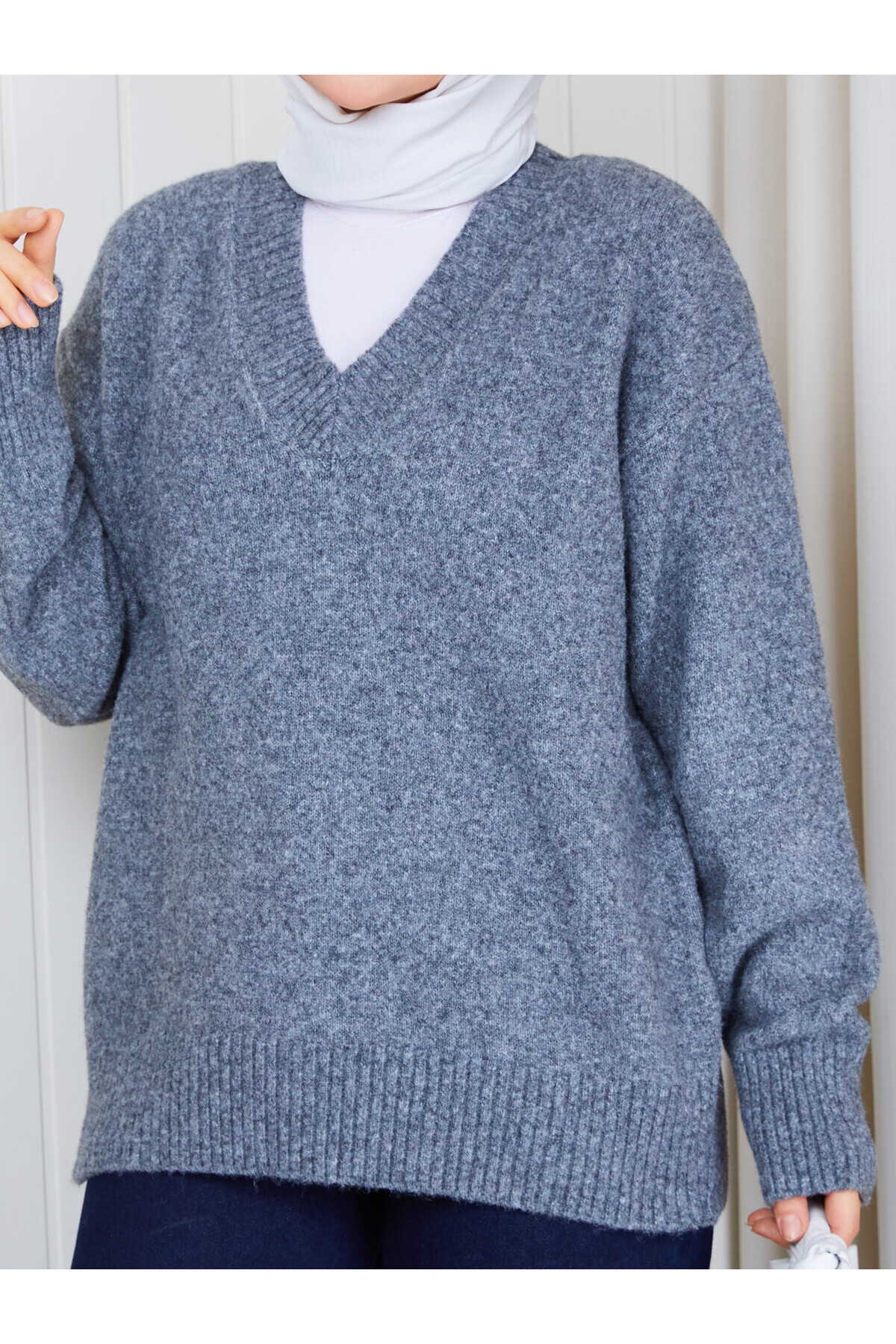 1233 V Yaka Basic Triko Kazak – Gri