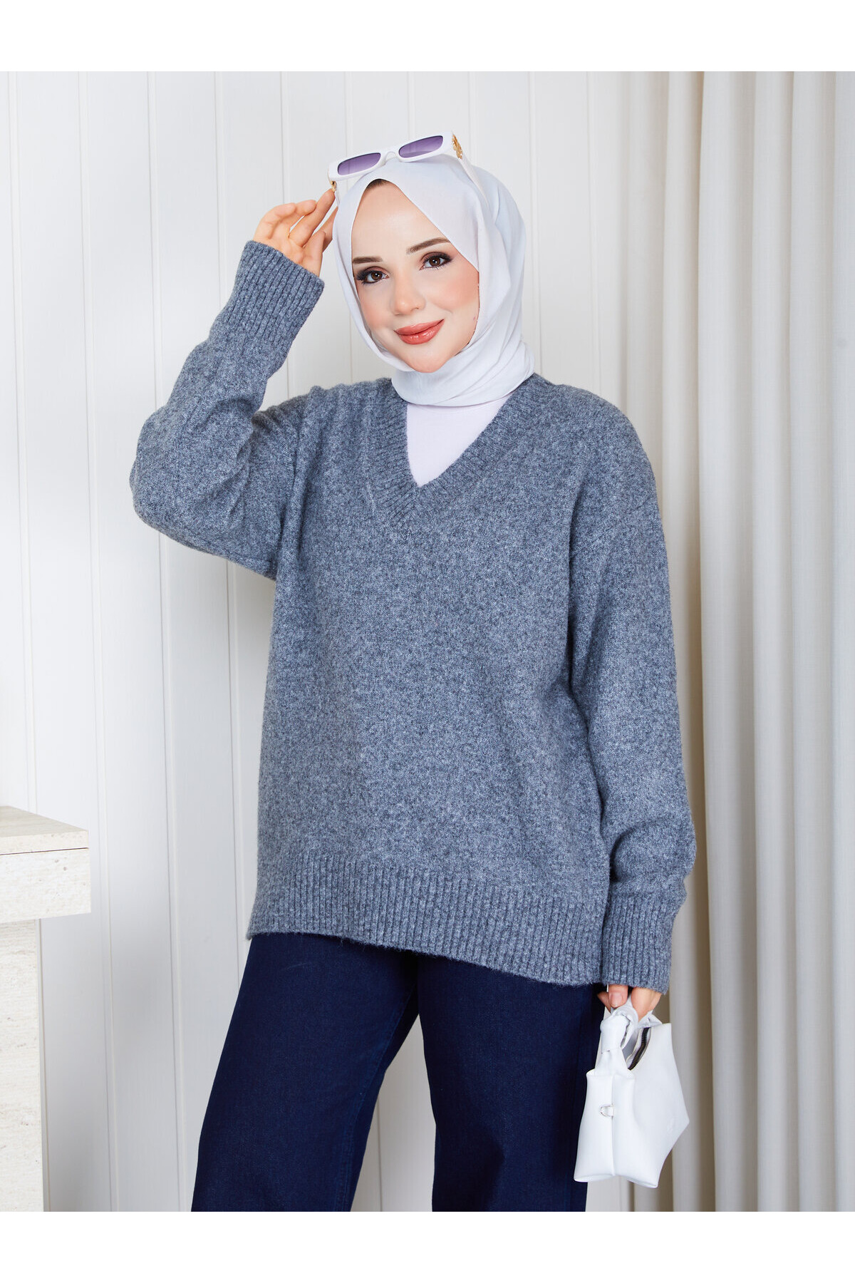 1233 V Yaka Basic Triko Kazak – Gri