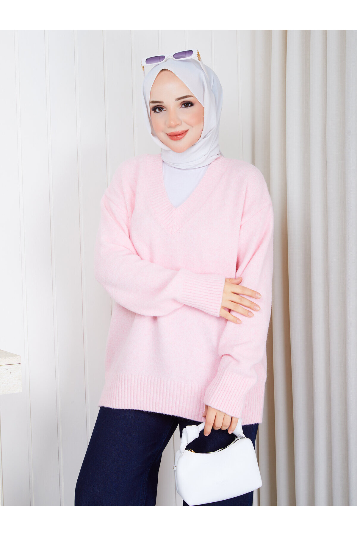 1234 V Yaka Basic Triko Kazak – Pudra Pembe