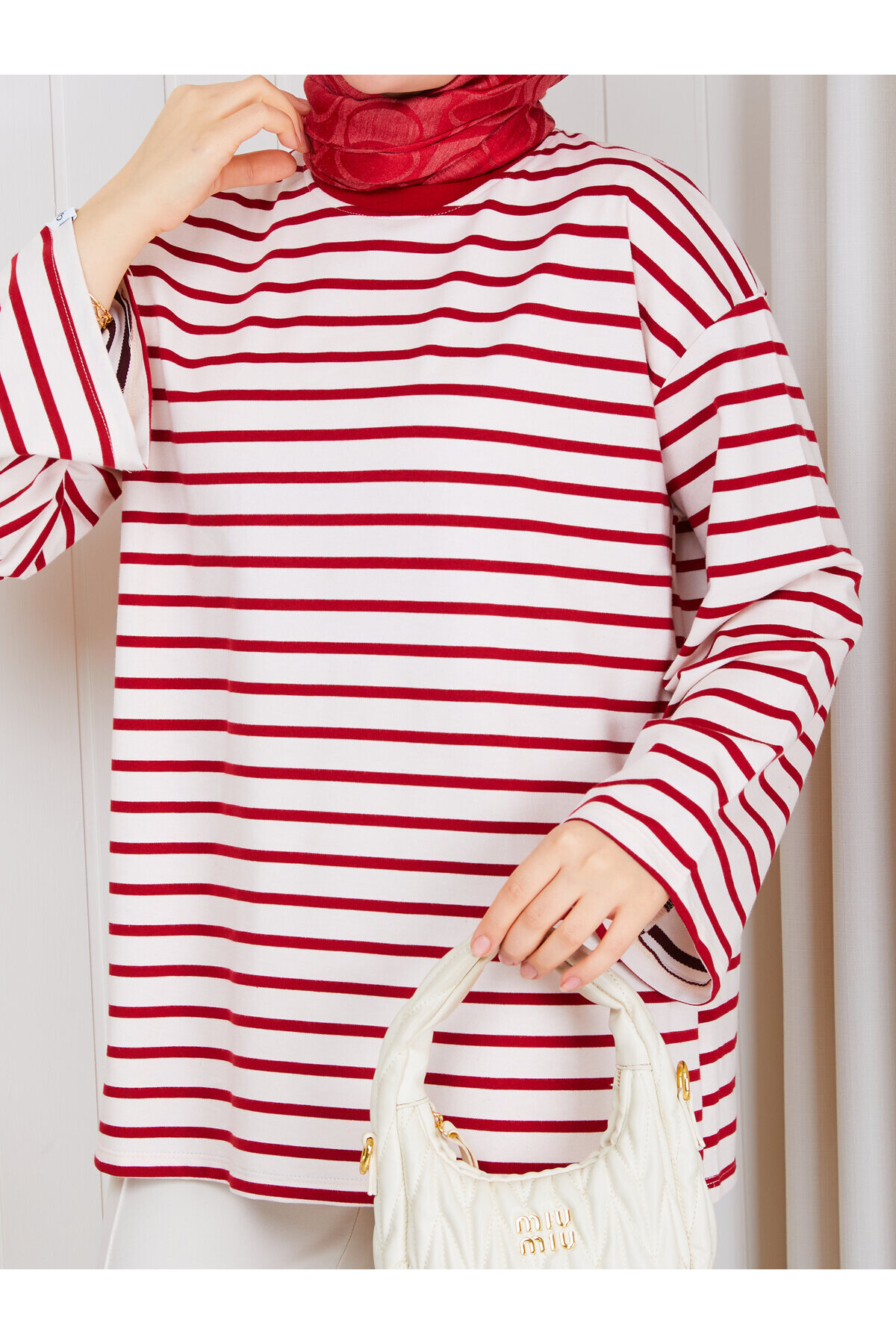 1302 Kırmızı Çizgili Oversize İki İplik Penye Sweatshirt