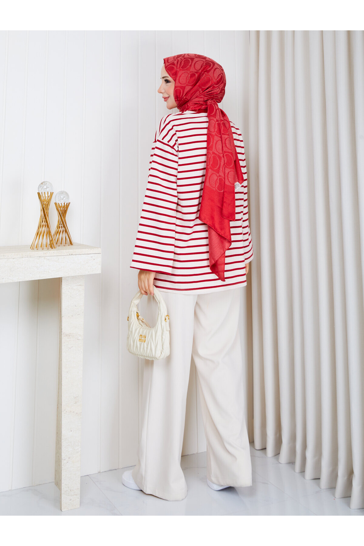 1302 Kırmızı Çizgili Oversize İki İplik Penye Sweatshirt