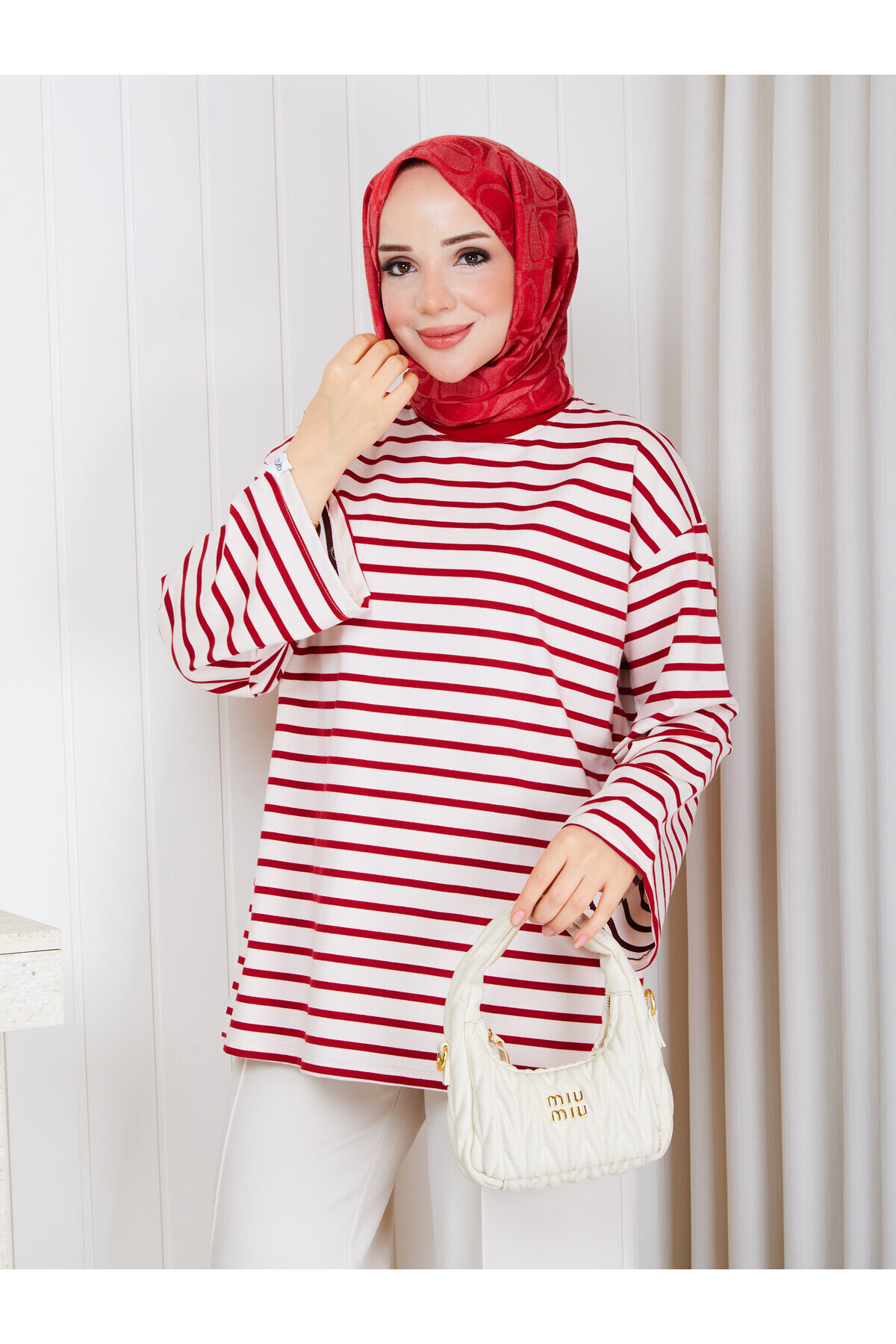 1302 Kırmızı Çizgili Oversize İki İplik Penye Sweatshirt