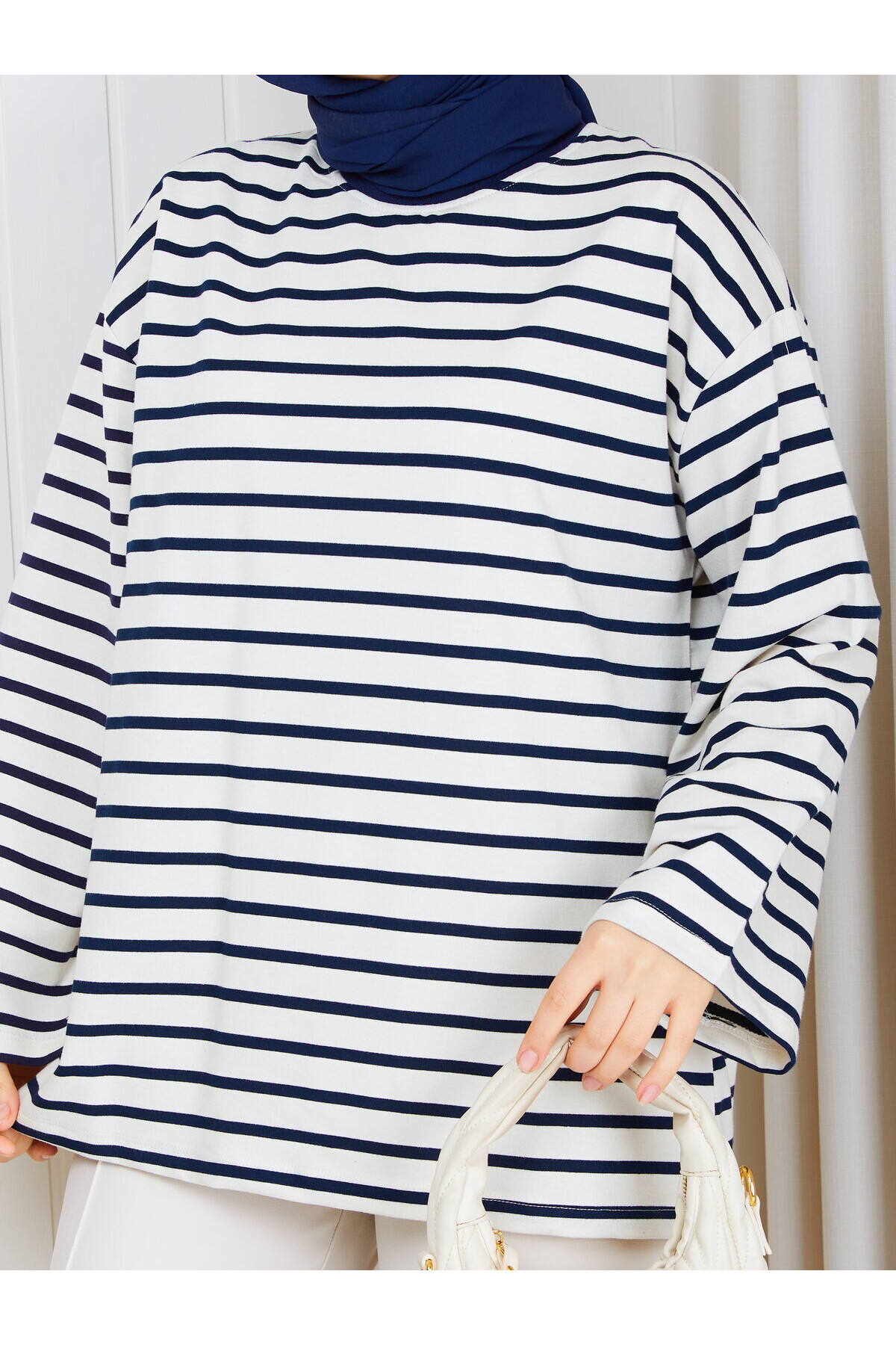 1303 Lacivert Çizgili Oversize İki İplik Penye Sweatshirt
