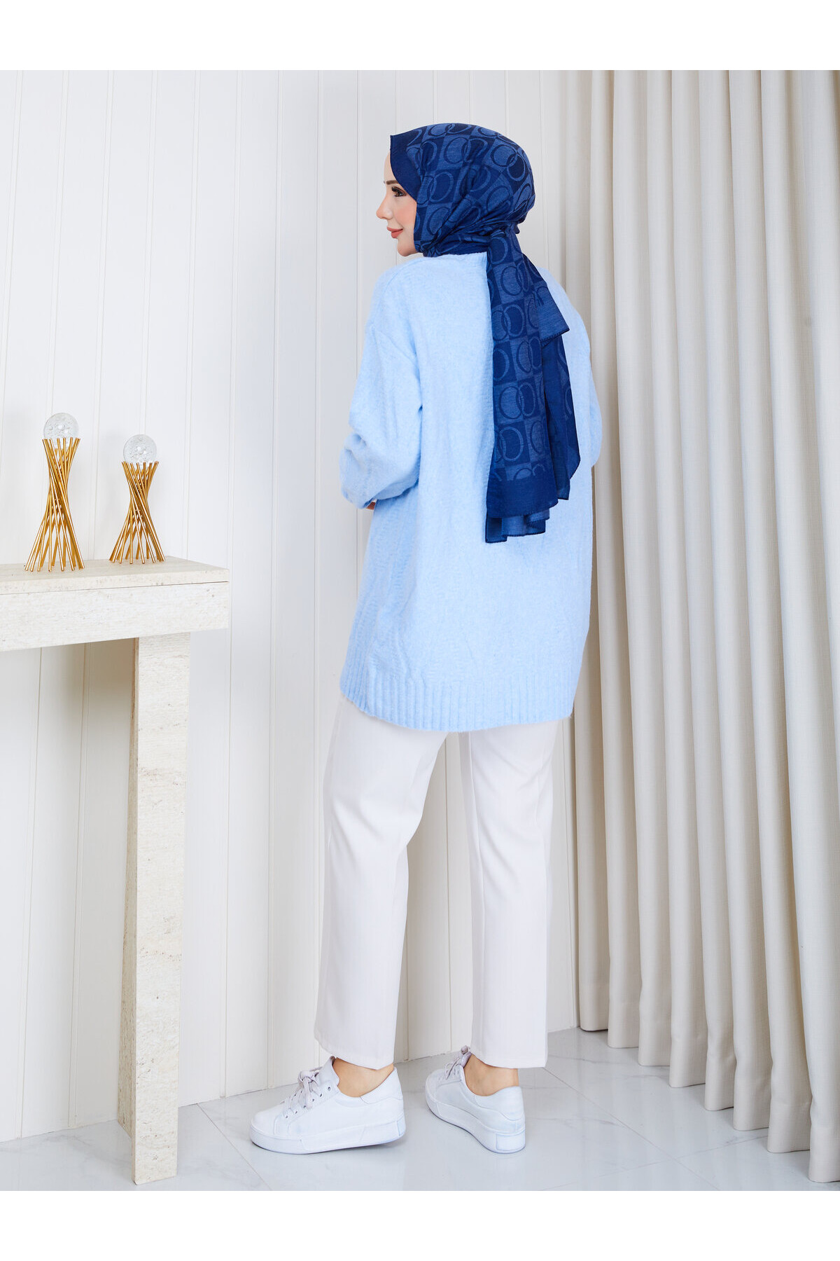 1328 Saç Örgü Desenli Oversize Triko Kazak – Bebe Mavisi