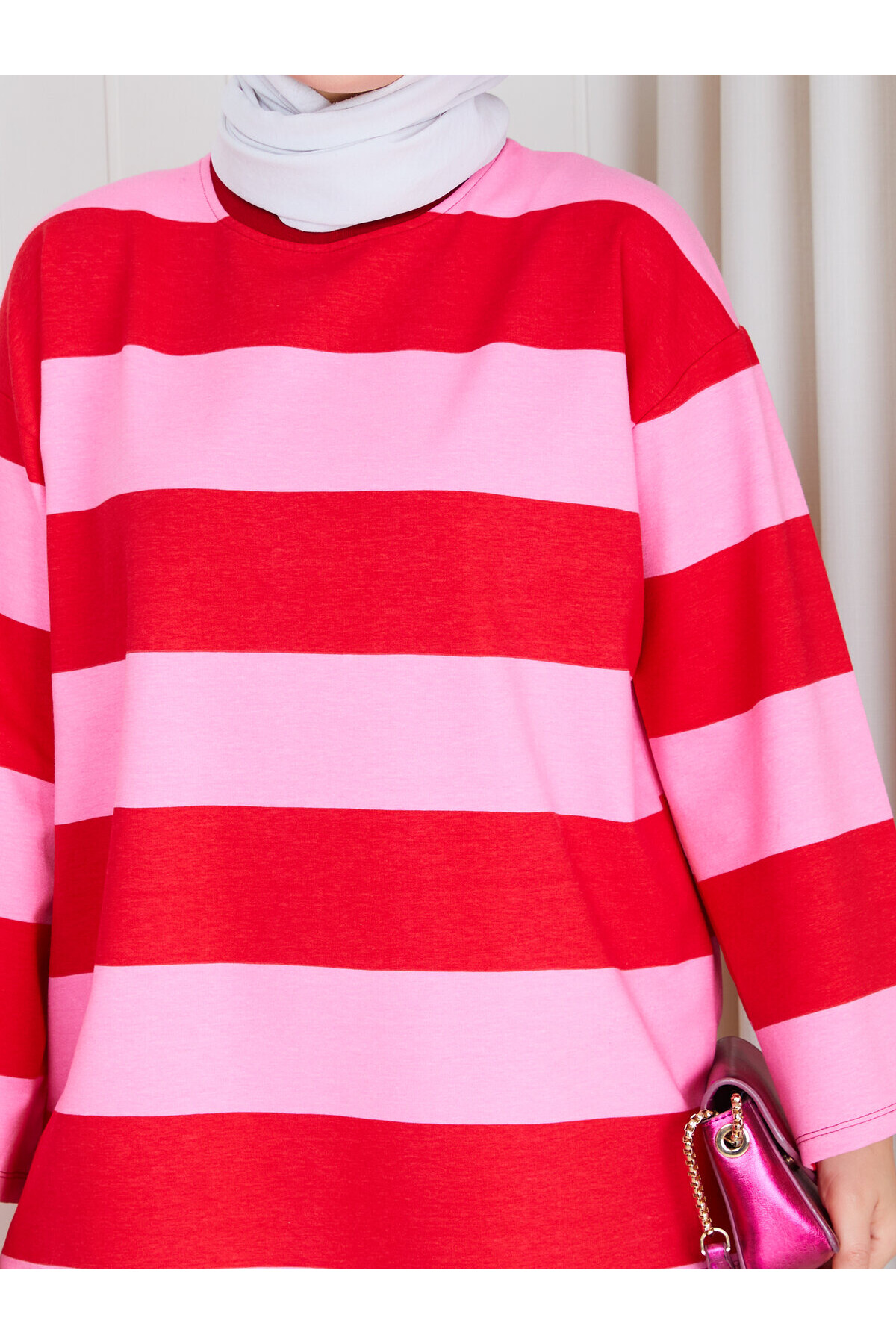 1482 Pembe Kırmızı Çizgili Oversize İki İplik Penye Tunik