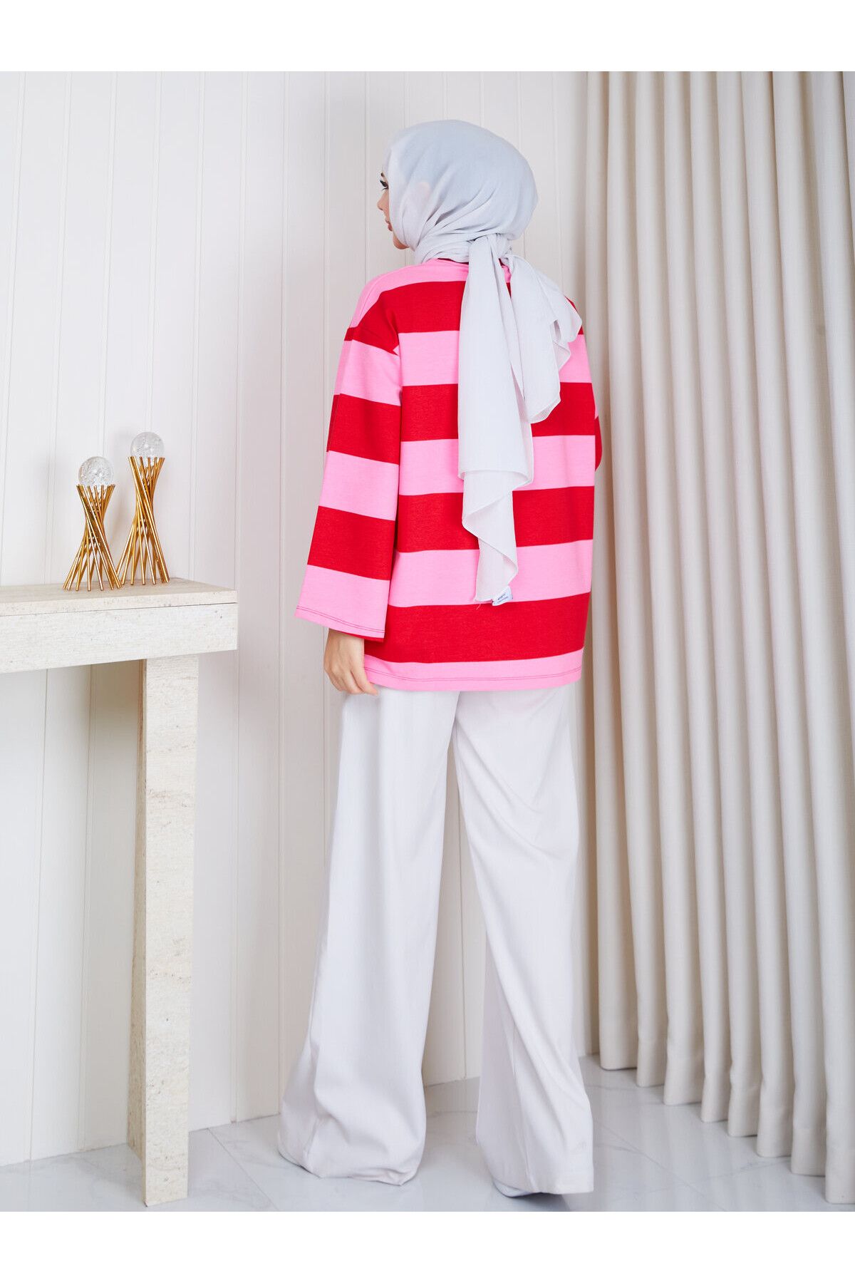 1482 Pembe Kırmızı Çizgili Oversize İki İplik Penye Tunik