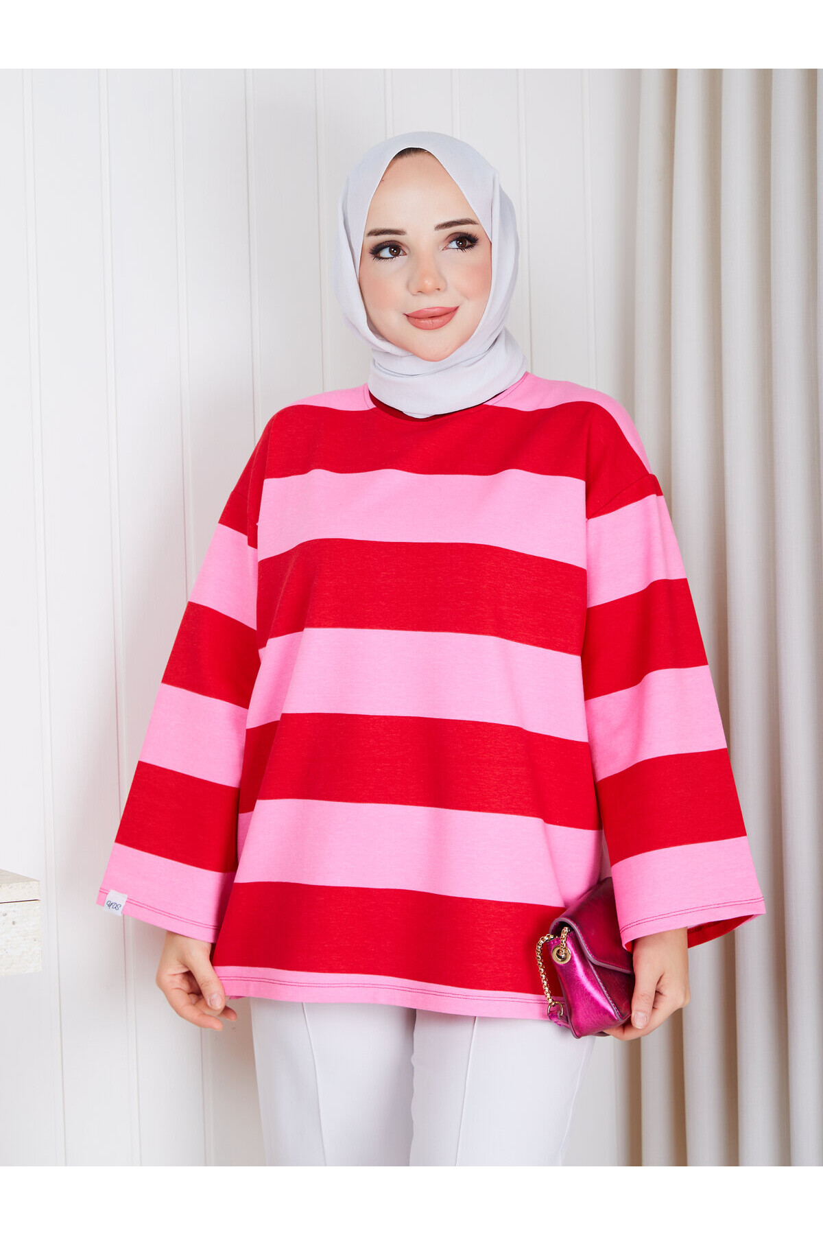 1482 Pembe Kırmızı Çizgili Oversize İki İplik Penye Tunik