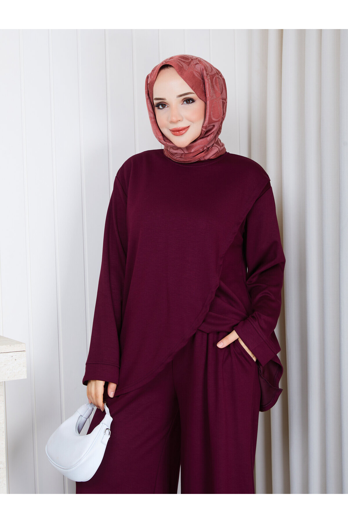 1601 Kruvaze Detaylı Oysho Kumaş Pantolon Takım-Bordo