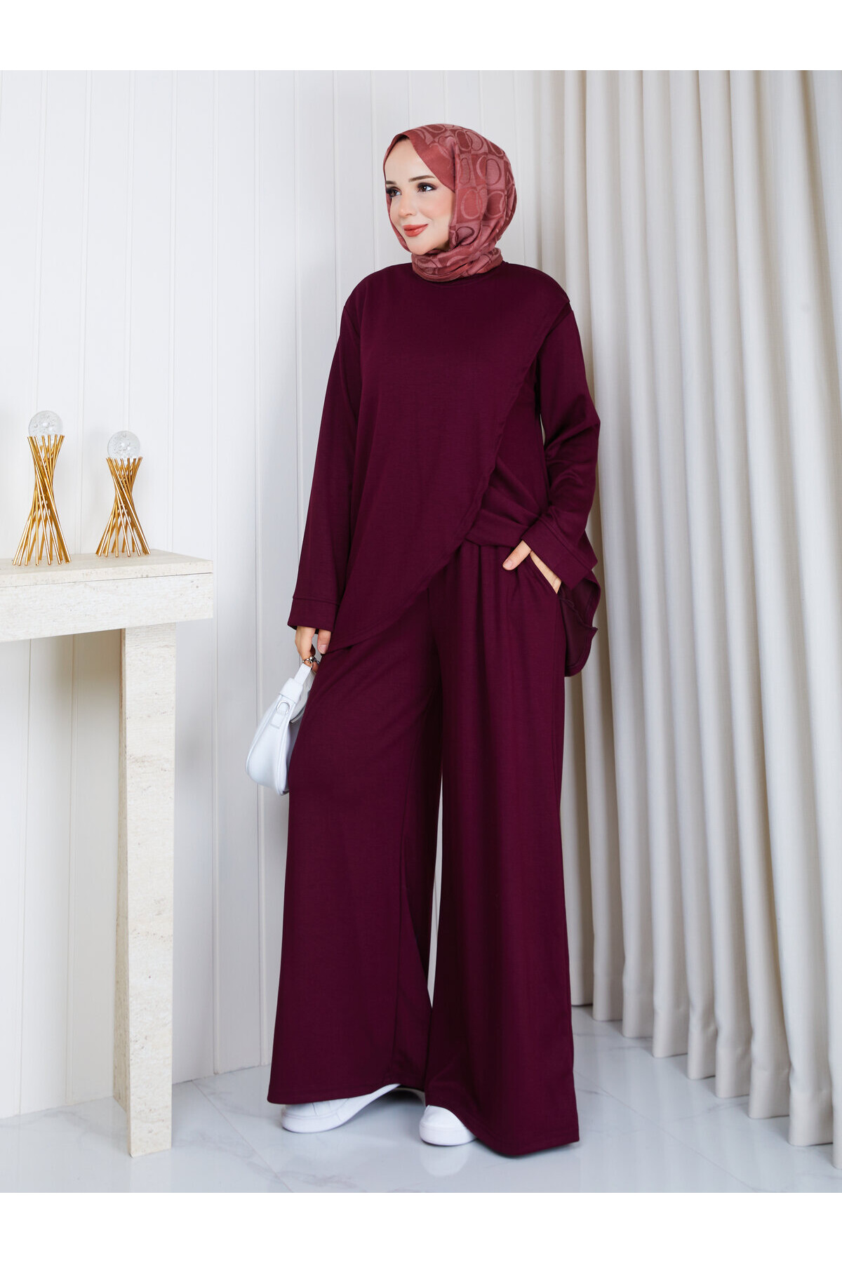 1601 Kruvaze Detaylı Oysho Kumaş Pantolon Takım-Bordo