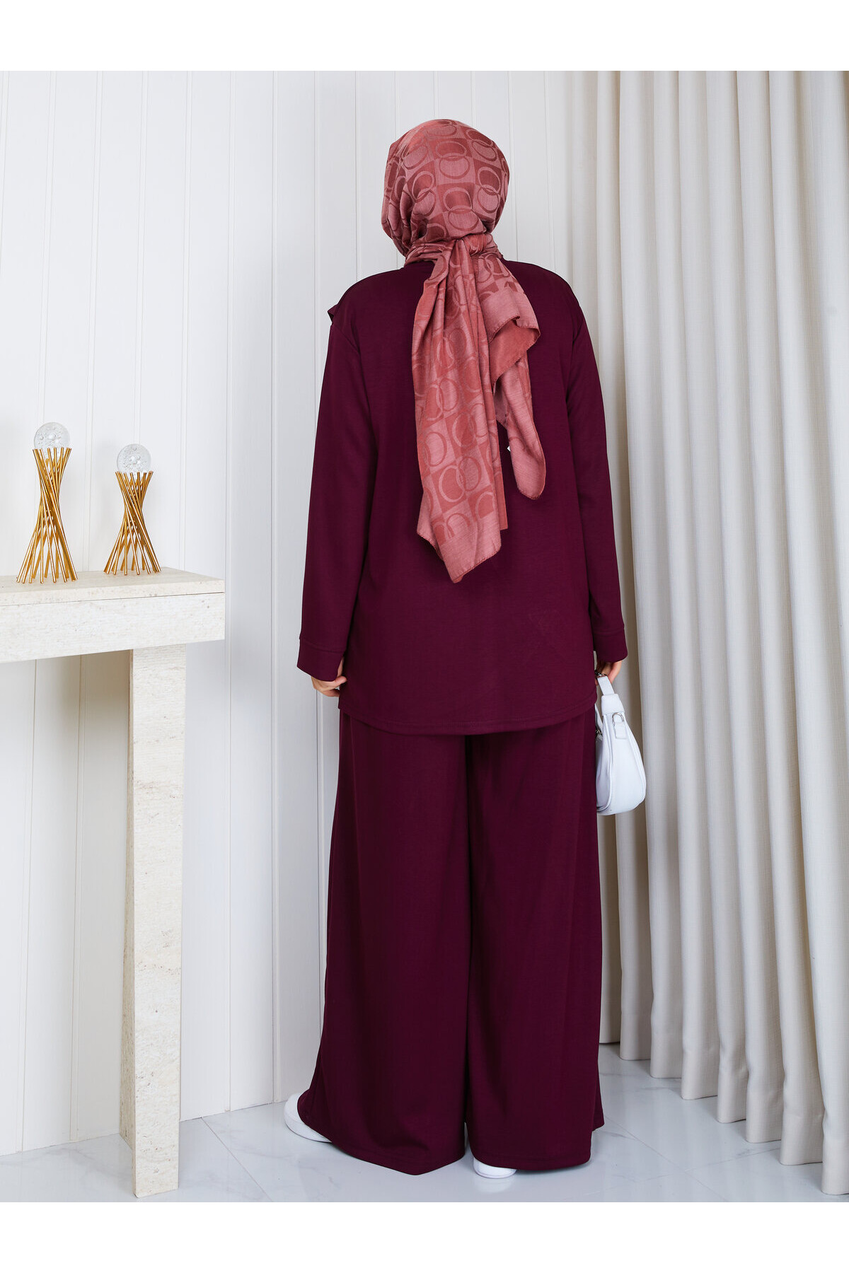 1601 Kruvaze Detaylı Oysho Kumaş Pantolon Takım-Bordo