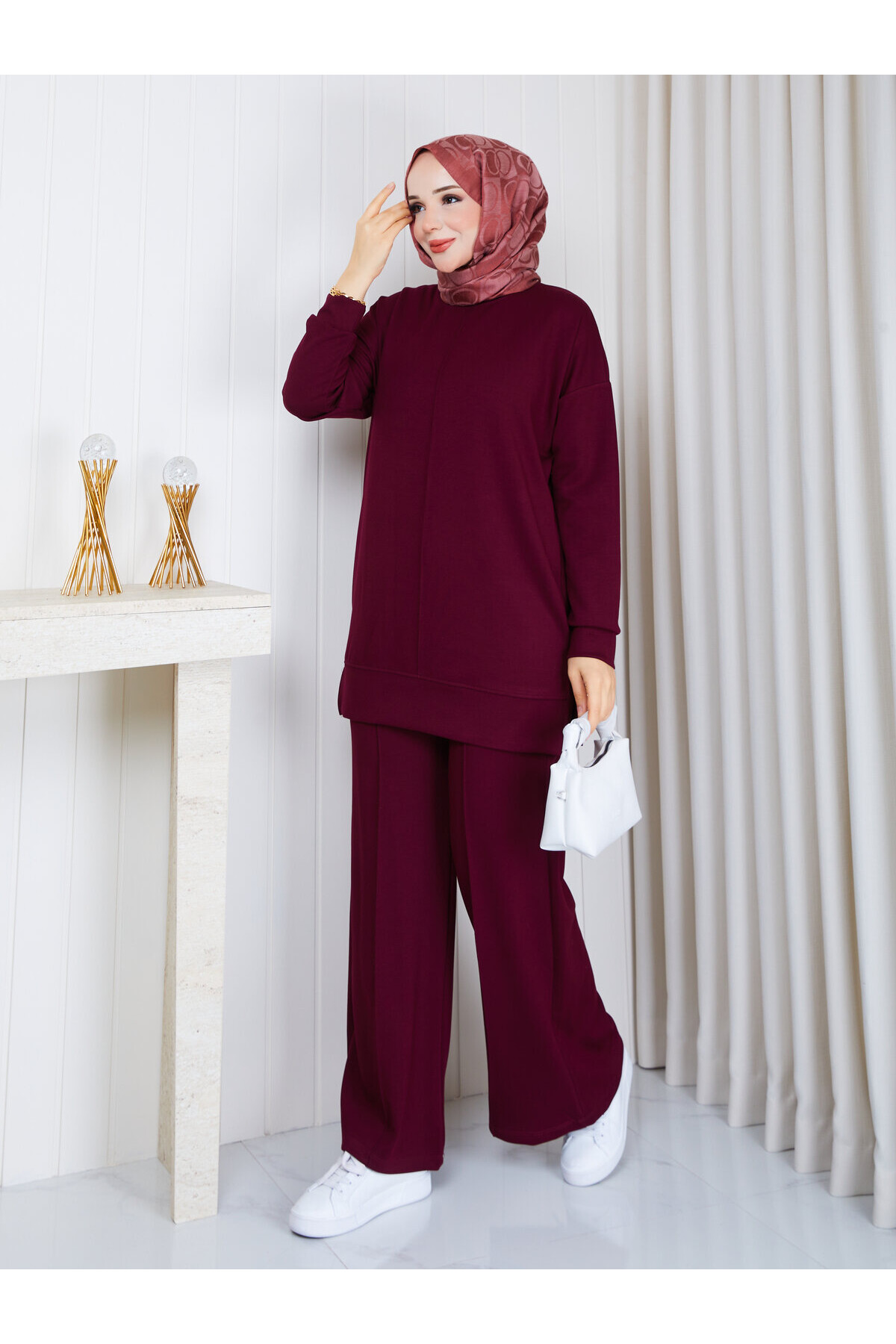 1701 Çımalı Detaylı Oysho Kumaş Takım-Bordo