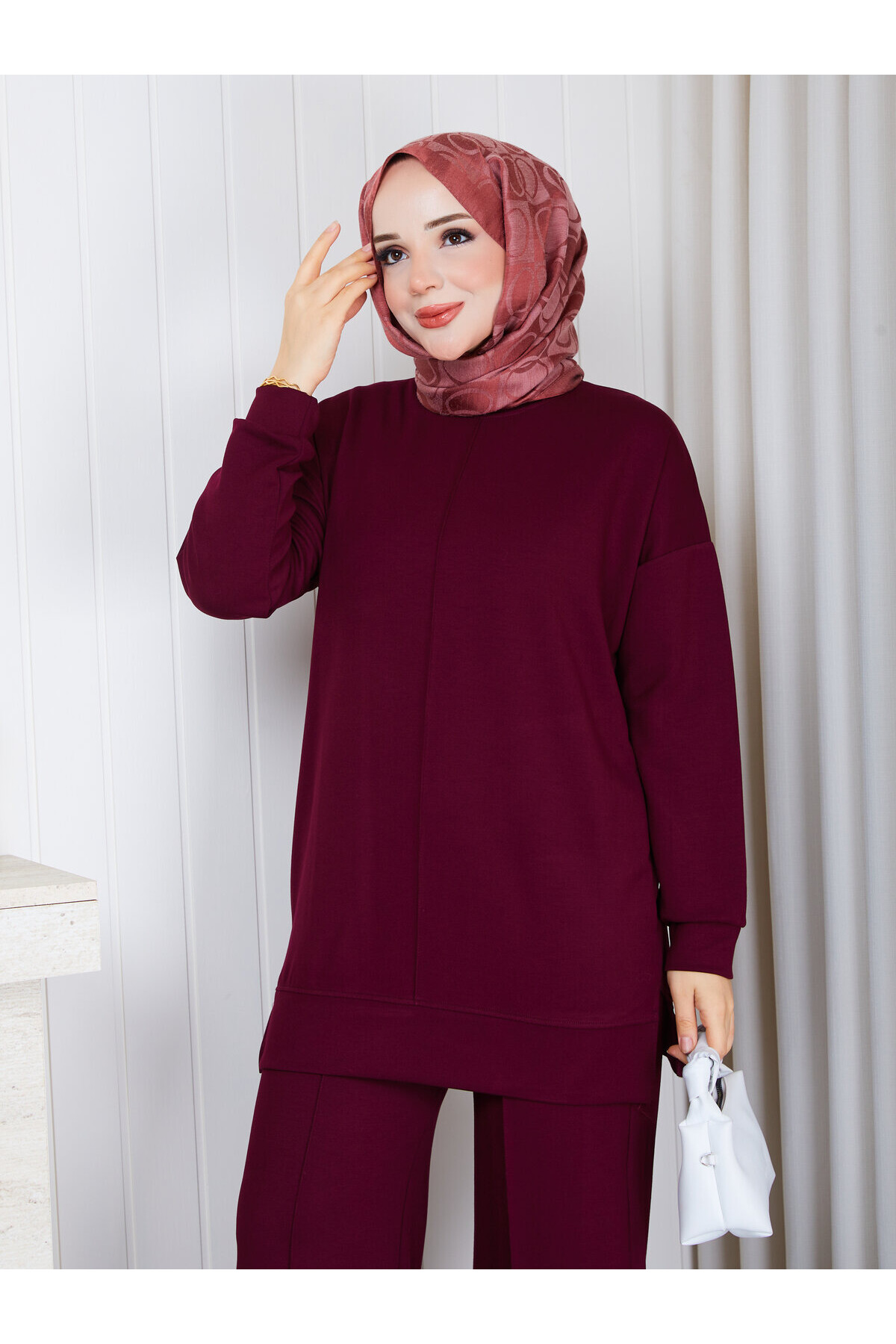 1701 Çımalı Detaylı Oysho Kumaş Takım-Bordo
