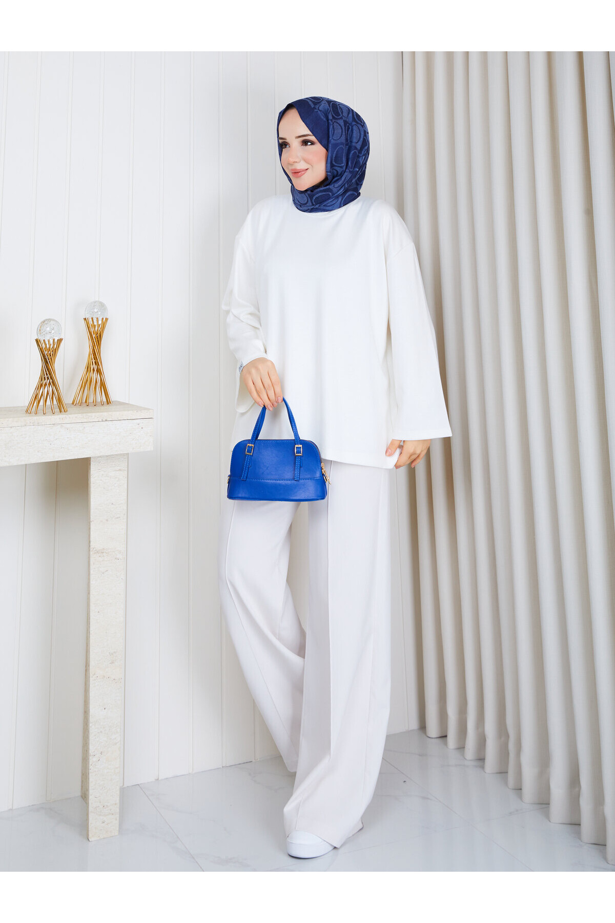 1901 Premium Oysho Kumaş Salaş Kesim Bisiklet Yaka Tunik-Ekru