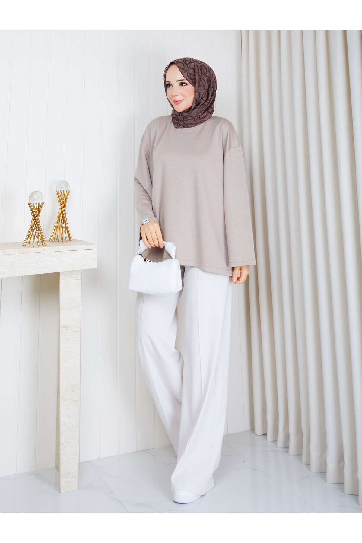 1903 Premium Oysho Kumaş Salaş Kesim Bisiklet Yaka Tunik –Taş