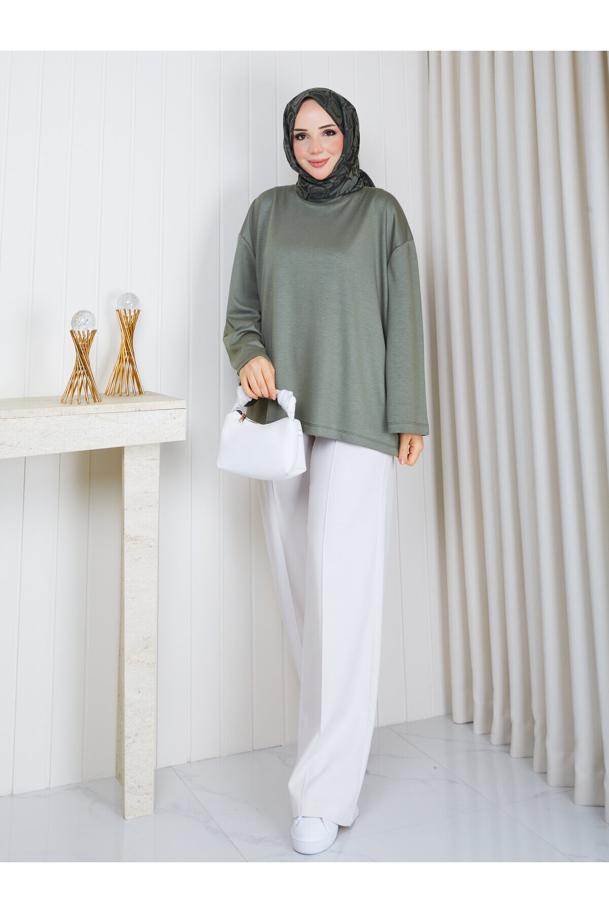 1904 Premium Oysho Kumaş Salaş Kesim Bisiklet Yaka Tunik – Haki