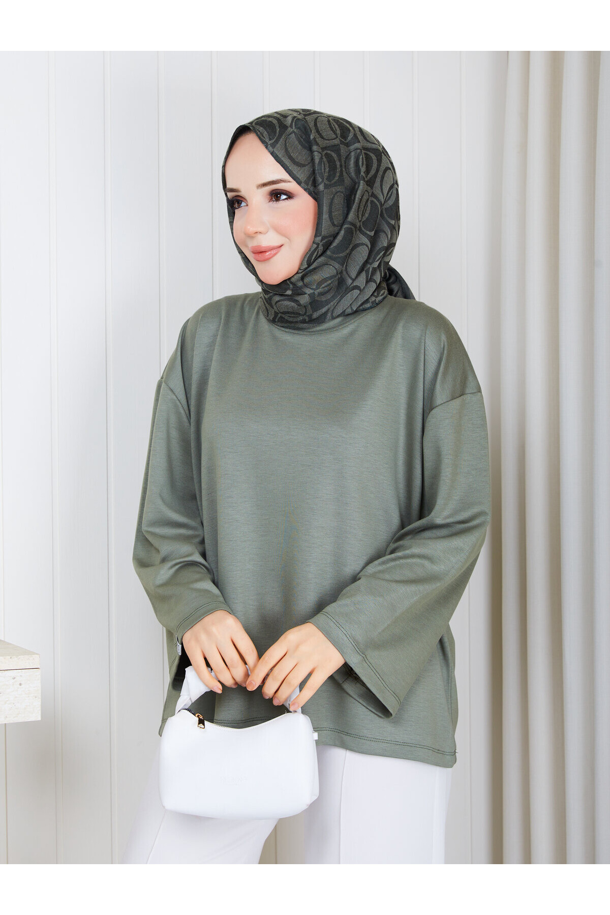 1904 Premium Oysho Kumaş Salaş Kesim Bisiklet Yaka Tunik – Haki