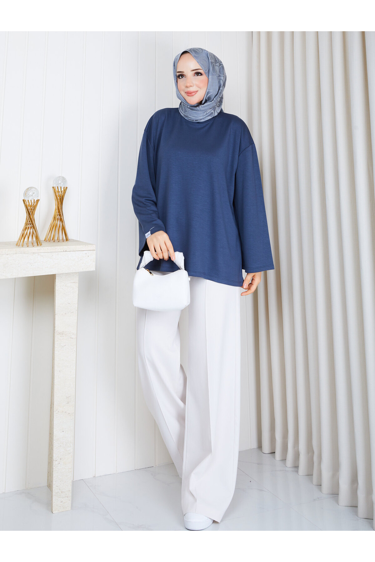 1905 Premium Oysho Kumaş Salaş Kesim Bisiklet Yaka Tunik – İndigo