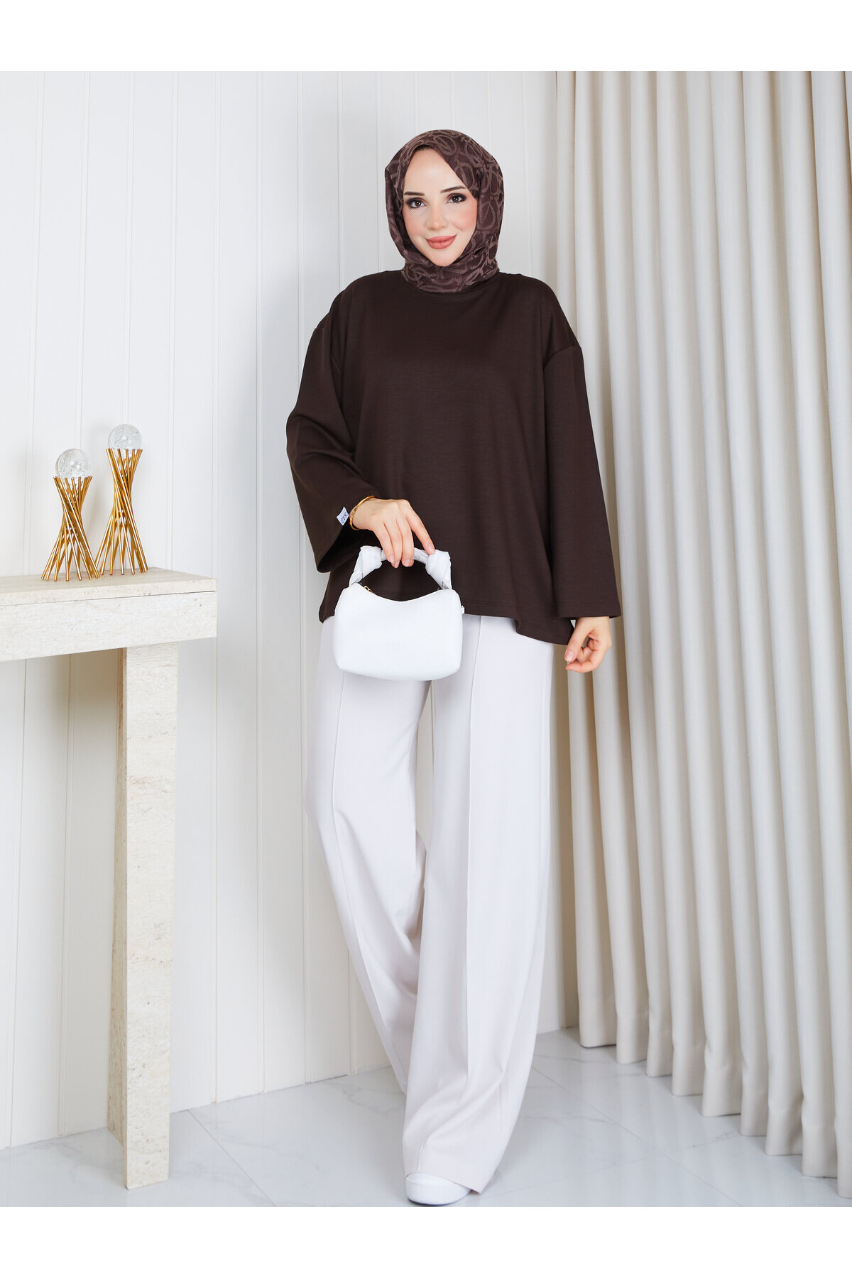 1907 Premium Oysho Kumaş Salaş Kesim Bisiklet Yaka Tunik –Acıkahve
