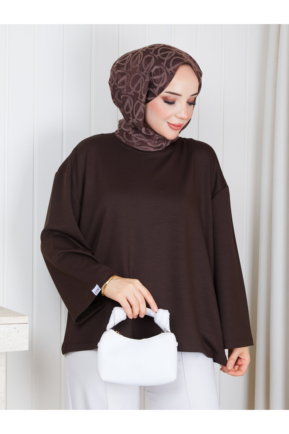 1907 Premium Oysho Kumaş Salaş Kesim Bisiklet Yaka Tunik –Acıkahve