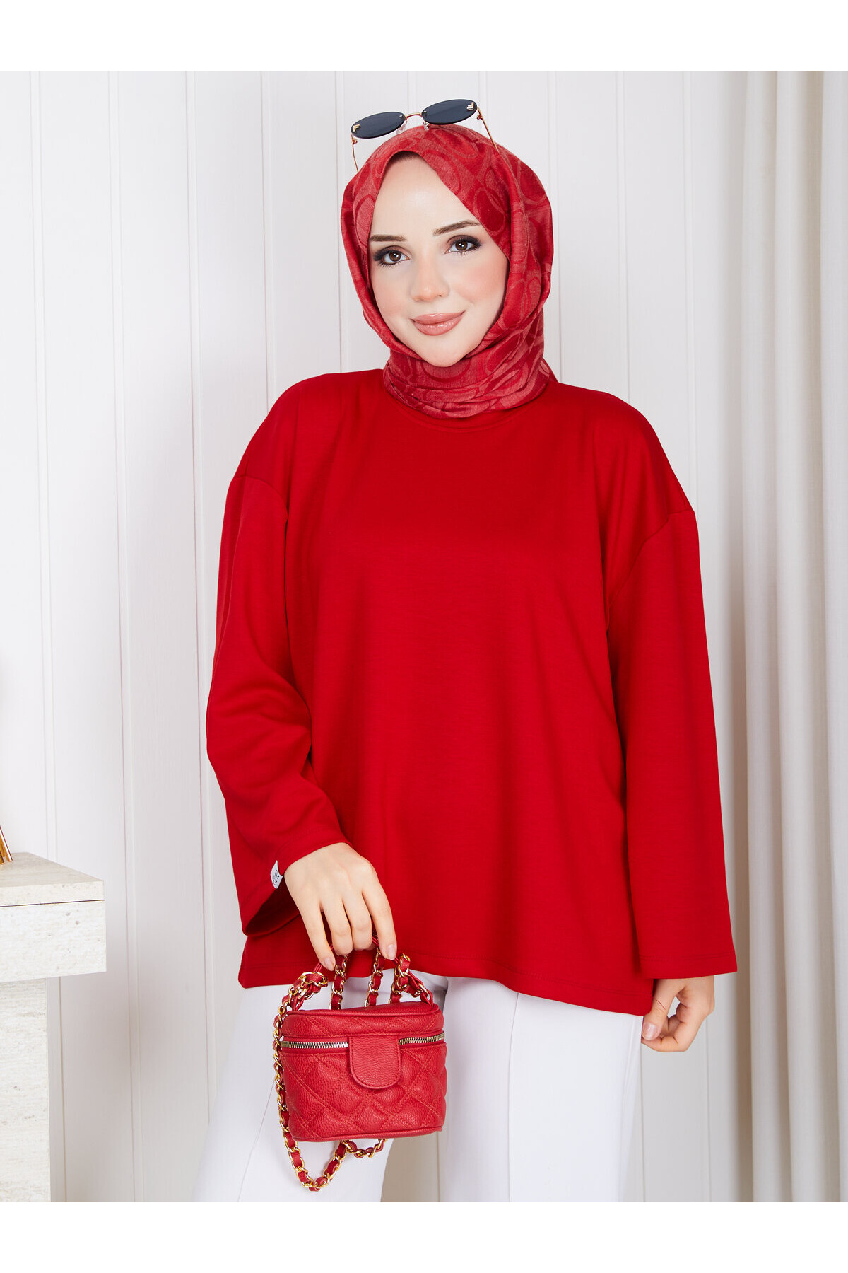 1907 Premium Oysho Kumaş Salaş Kesim Bisiklet Yaka Tunik – Kırmızı