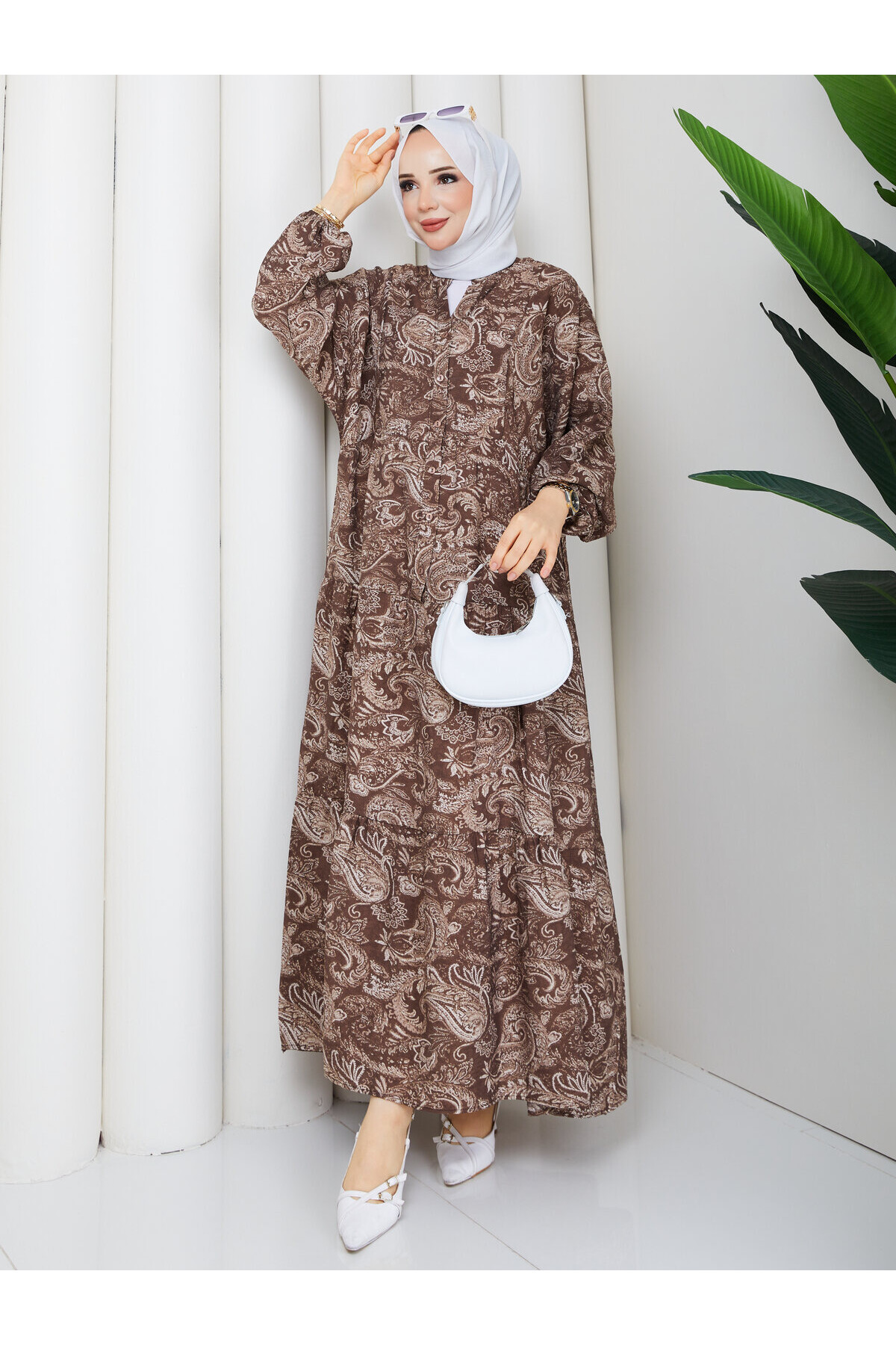 2398 Mango Desenli Salaş Elbise-Kahve