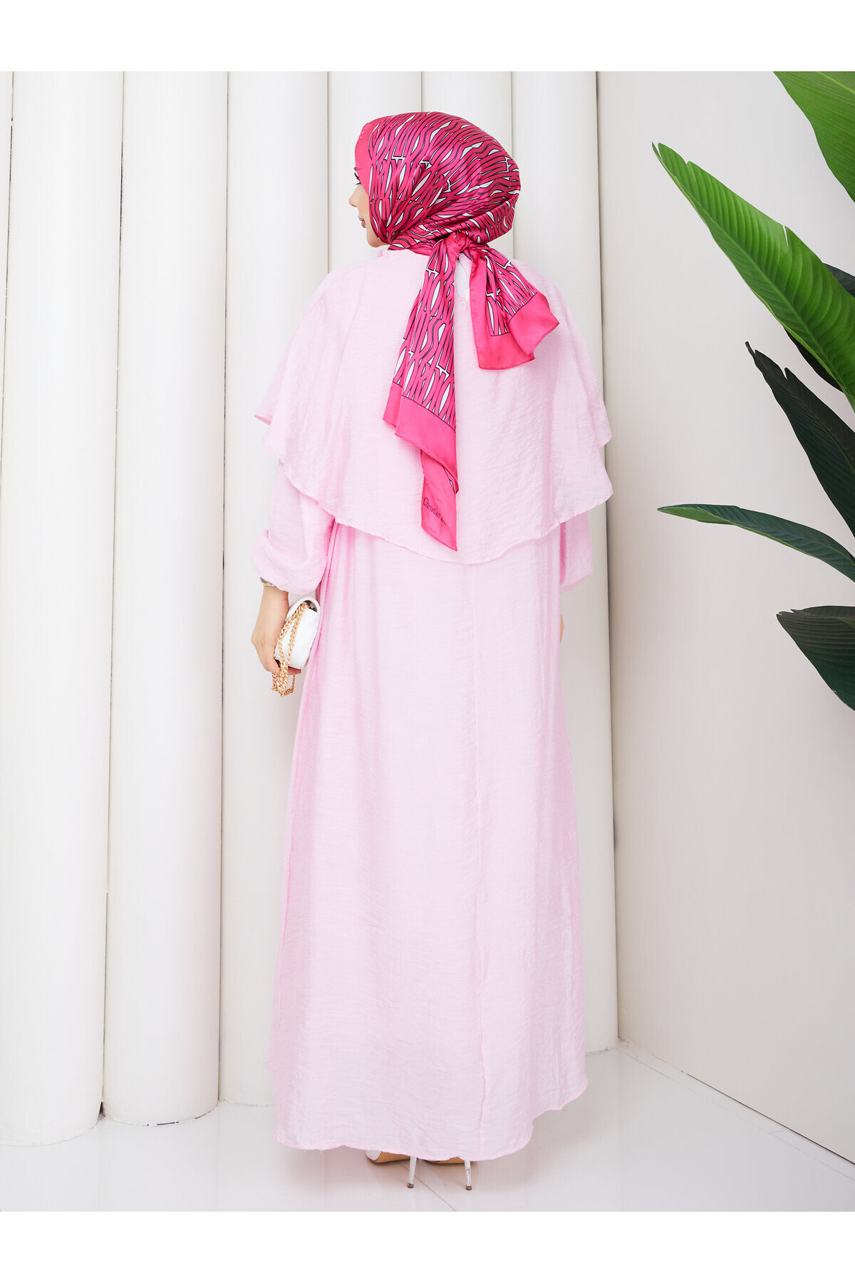 2442 Vual Pelerinli Elbise-Toz Pembe