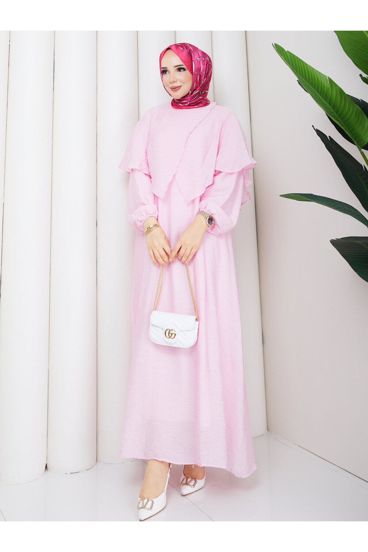 2442 Vual Pelerinli Elbise-Toz Pembe