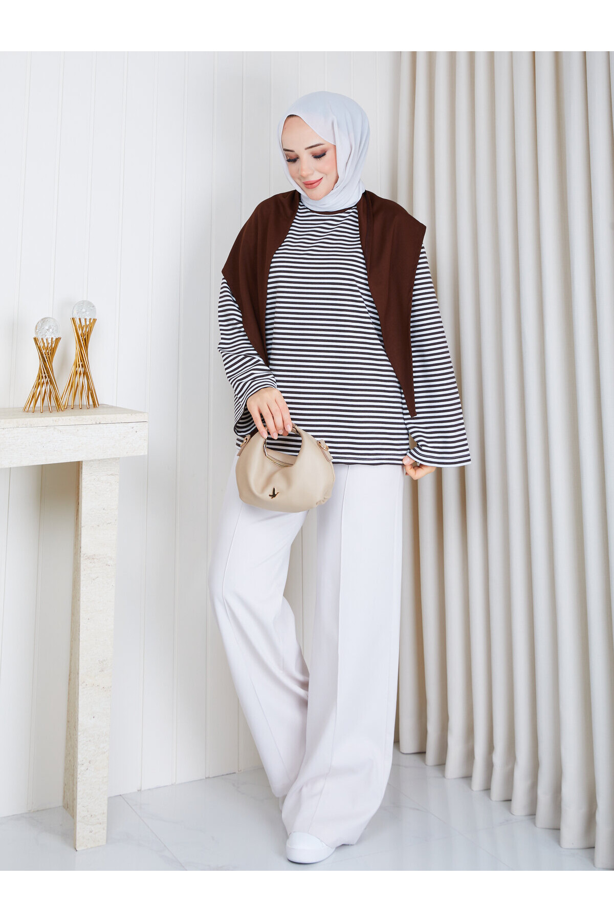 2828 Şal Detaylı Çizgili Oysho Kumaş Sweat – Kahve-Beyaz çizgili