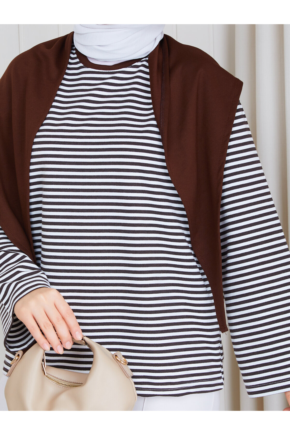 2828 Şal Detaylı Çizgili Oysho Kumaş Sweat – Kahve-Beyaz çizgili