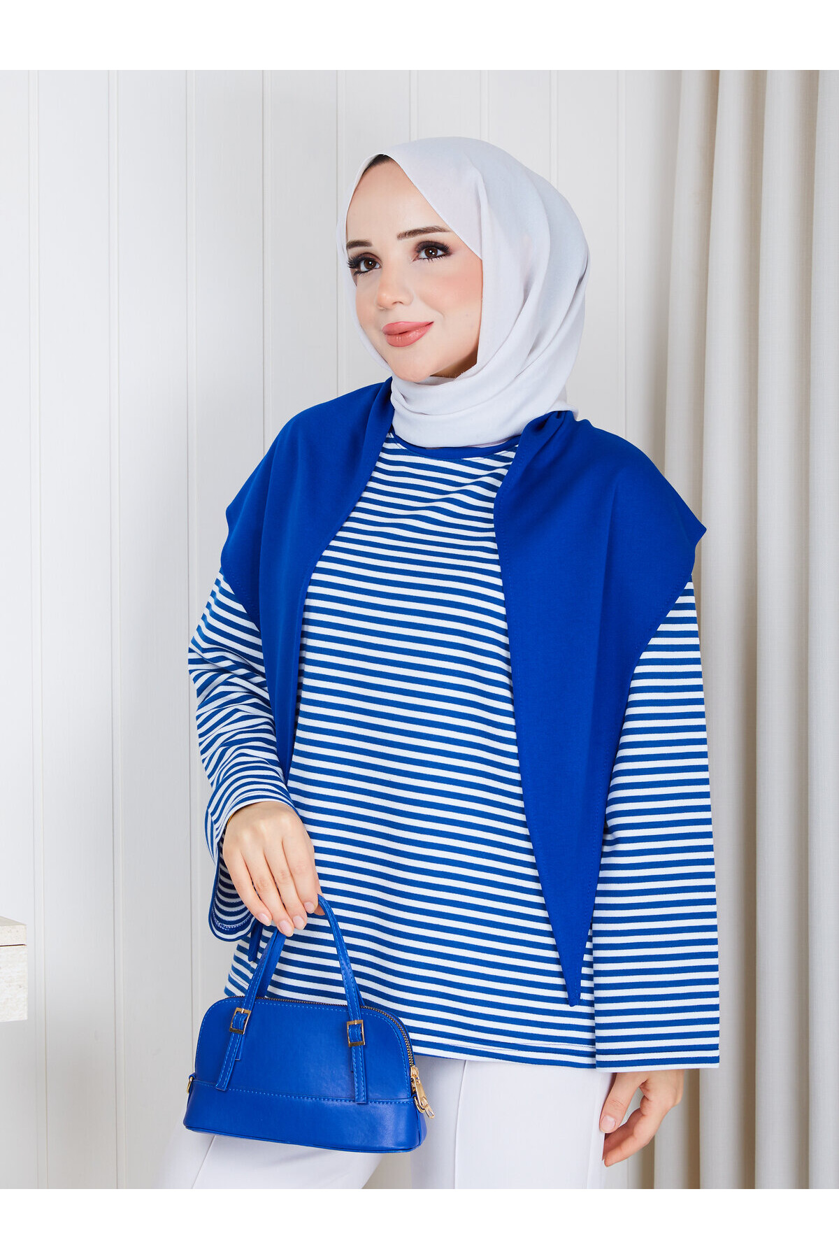 2828 Şal Detaylı Çizgili Oysho Kumaş Sweat -Mavi-beyaz çizgili