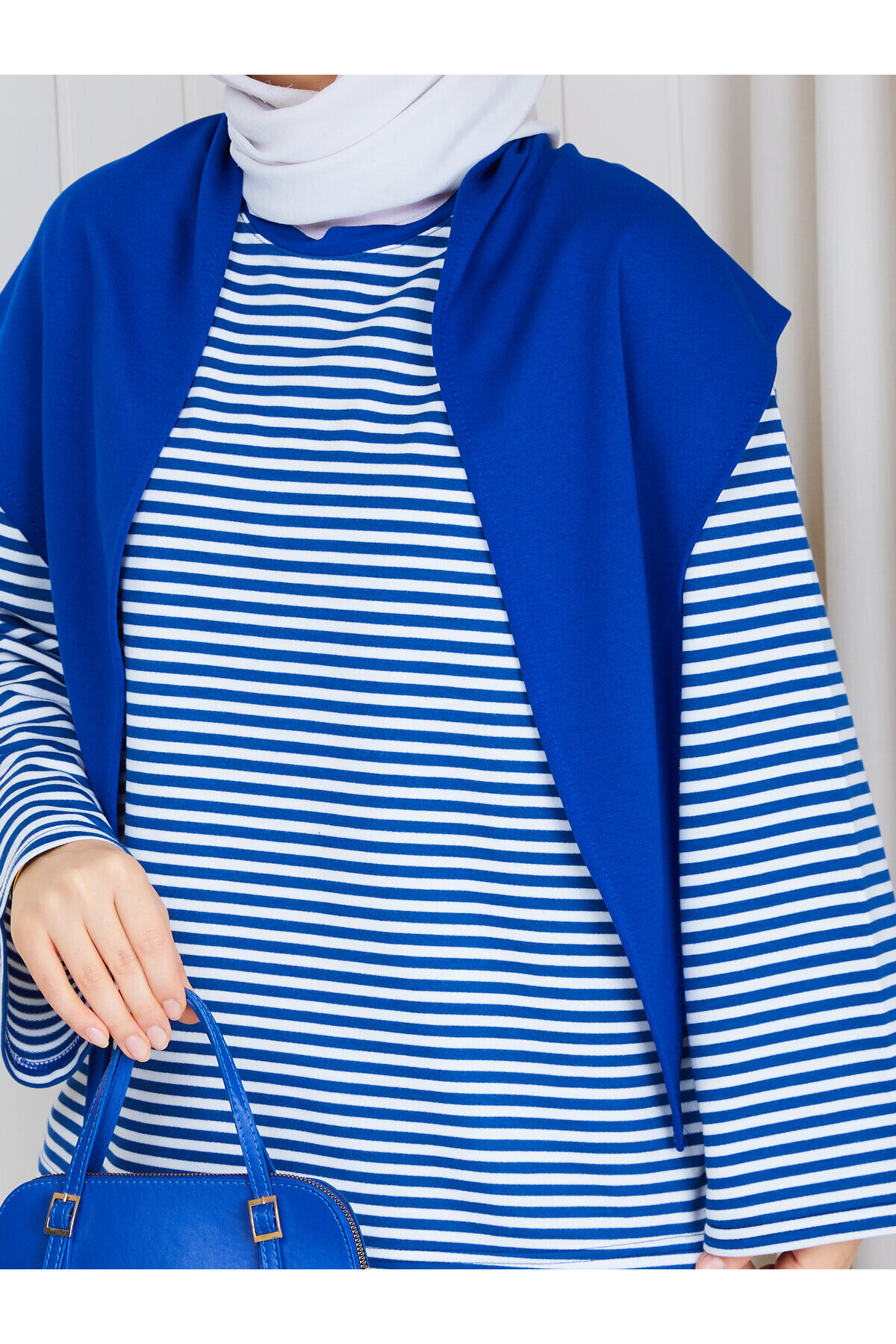 2828 Şal Detaylı Çizgili Oysho Kumaş Sweat -Mavi-beyaz çizgili