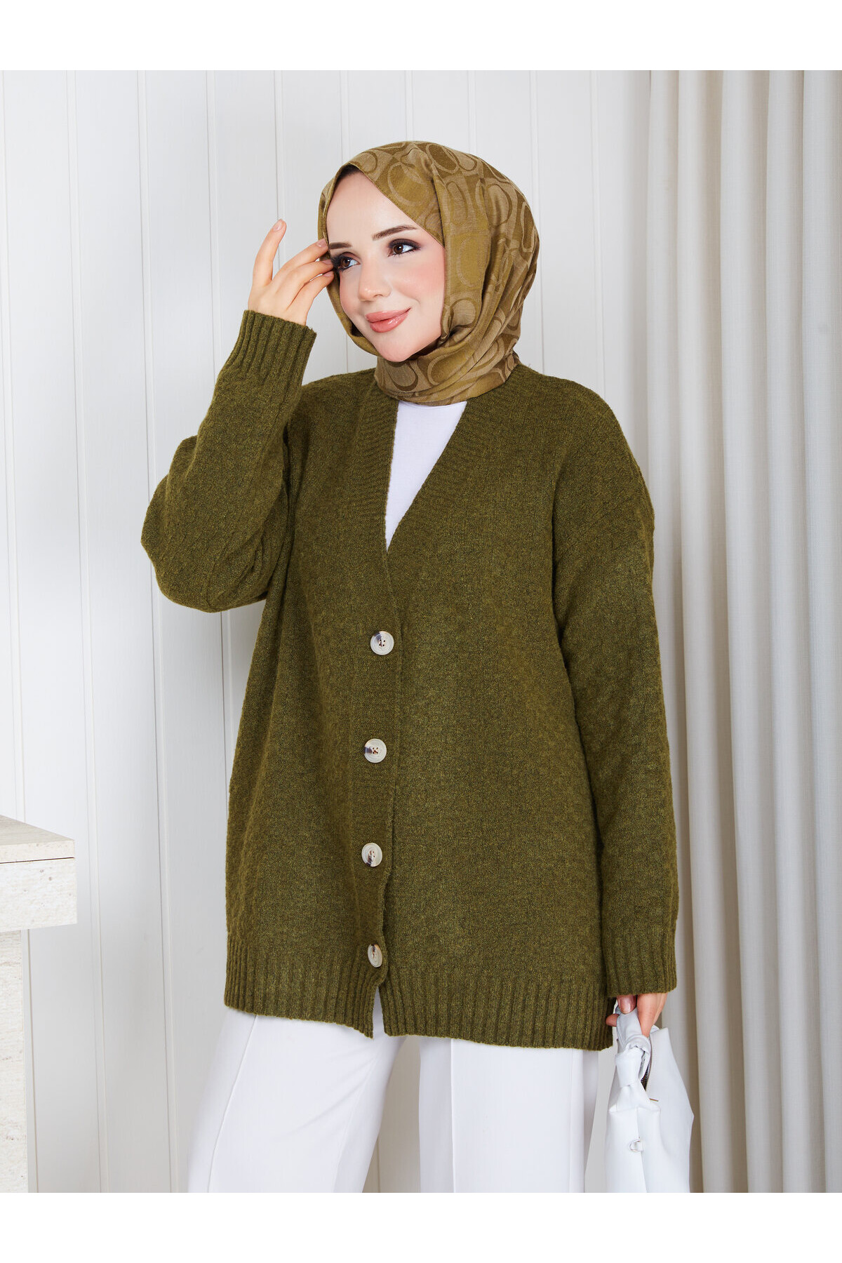 3003 Soft Touch Düğmeli Oversize Triko Hırka –Haki