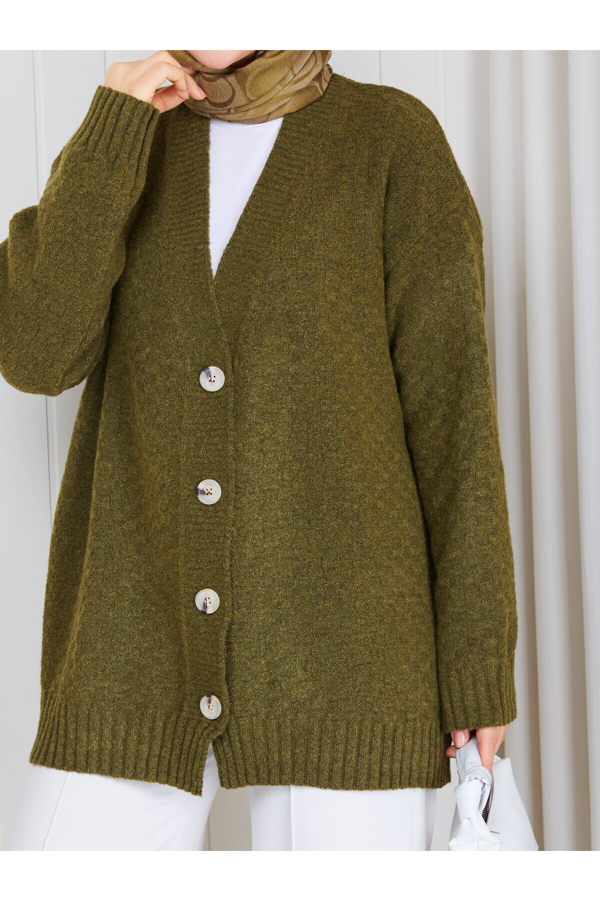 3003 Soft Touch Düğmeli Oversize Triko Hırka –Haki