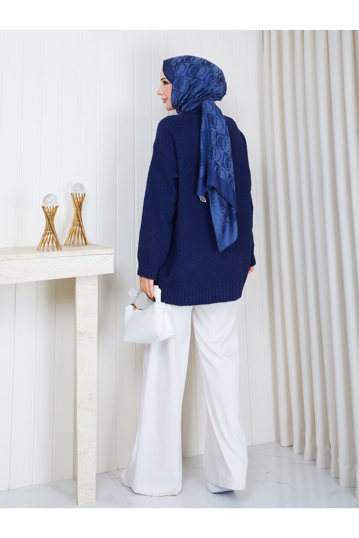 3004 Soft Touch Düğmeli Oversize Triko Hırka – Lacivert