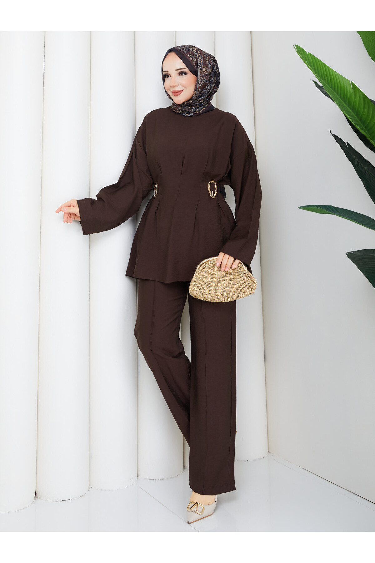 3467 Beli Tokalı Pantolon Takım-Acı Kahve