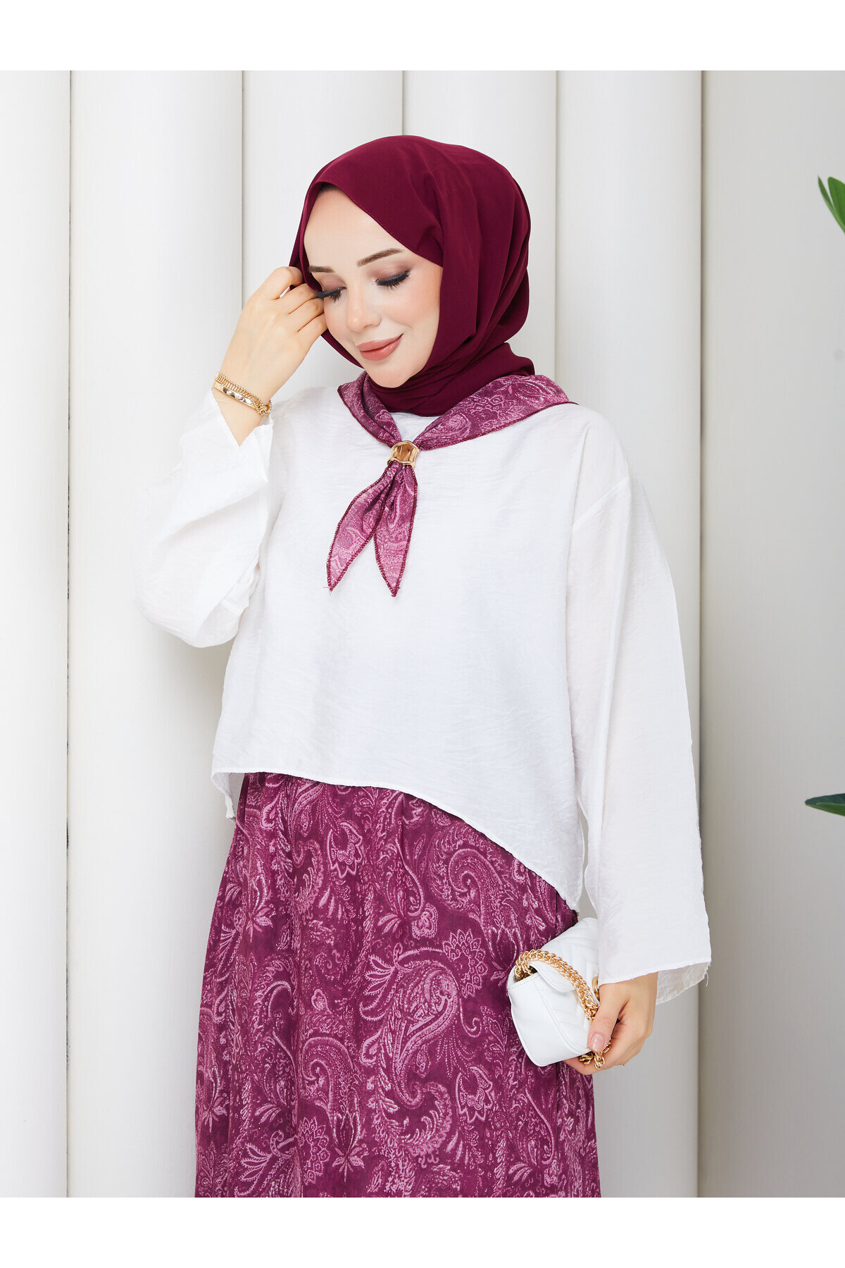 3468 Fularlı Etekli Takım-Bordo